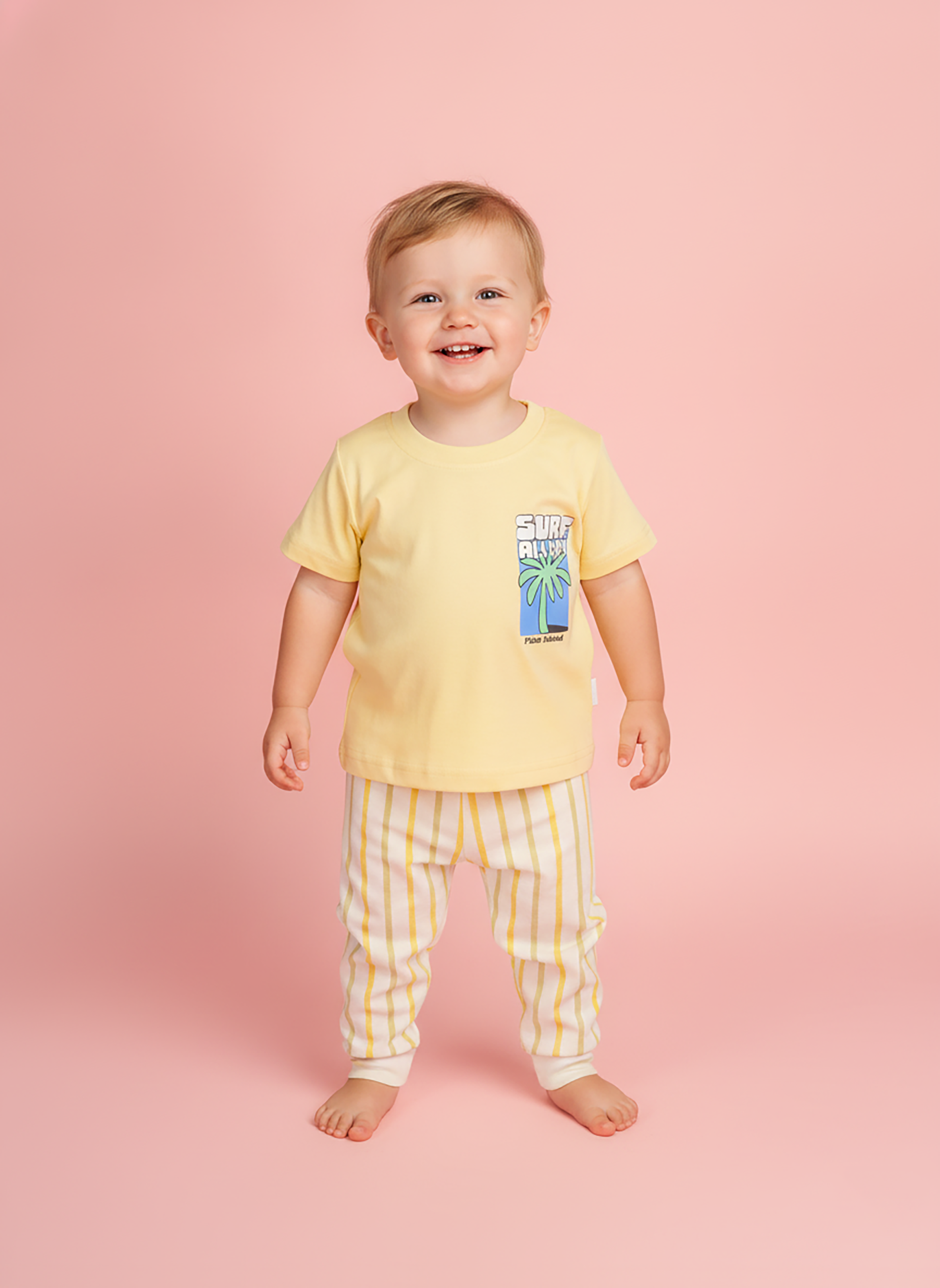 Mellow Yellow — BabyRon Surfer premium organic cotton baby pyjama set worn by baby boy model, soft breathable cotton baby clothes for sensitive skin, safe and chemical-conscious baby wear, newborn gifting and baby shower gift, premium baby clothing for 0–12 months, sustainable baby clothing India by BabyRon