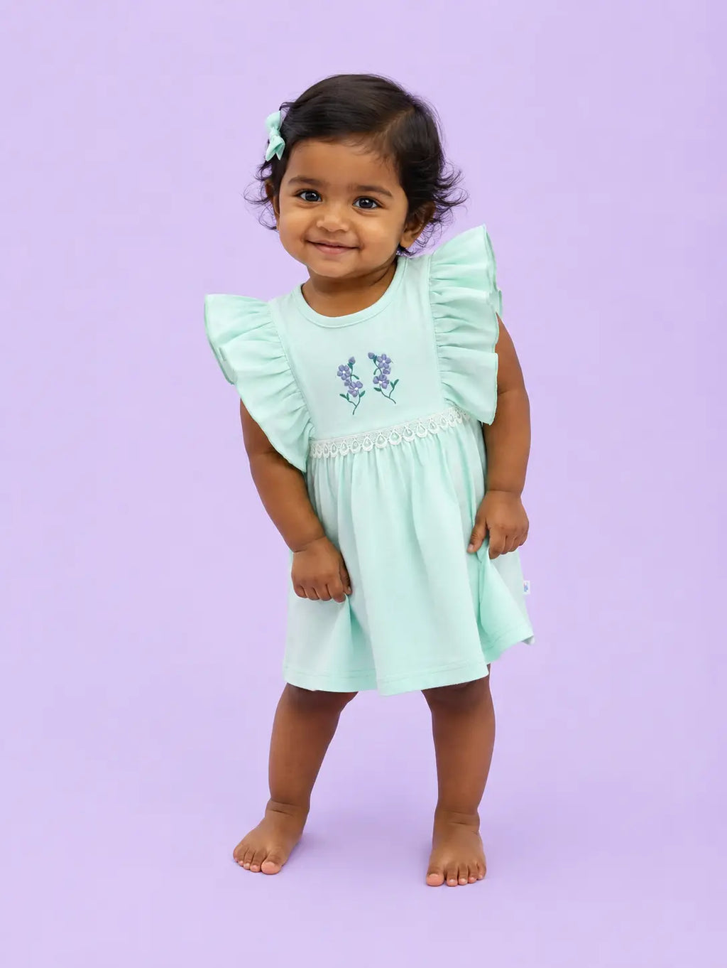 Mint Green — Tiny Lavender organic cotton baby dress worn by baby model, premium baby clothes India and soft cotton baby clothes for sensitive skin by BabyRon