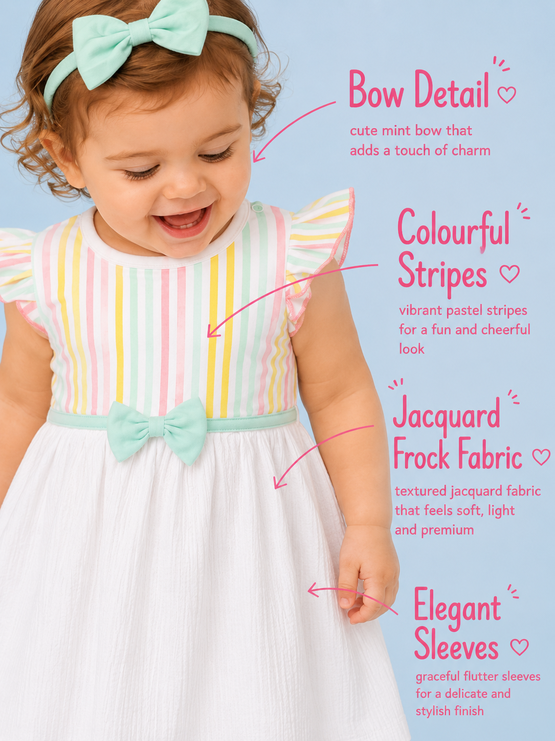 Misty Green — BabyRon Aurora organic cotton baby dress worn by baby model, soft cotton baby clothes for sensitive skin, premium baby clothes India and sustainable baby clothing India by BabyRon