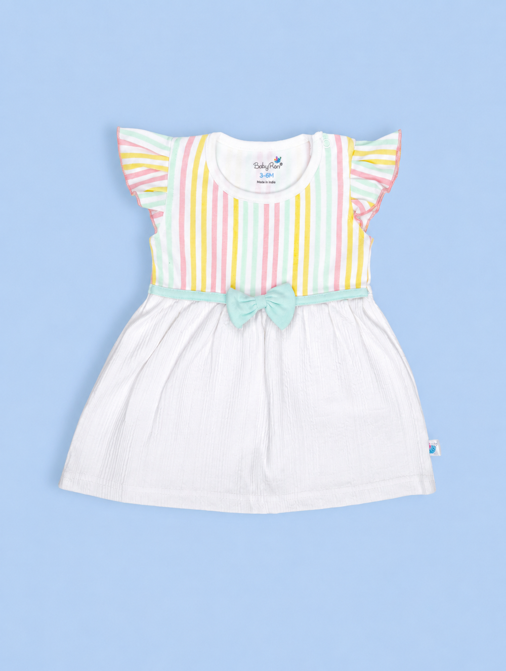 Misty Green — BabyRon Aurora organic cotton baby dress worn by baby model, soft cotton baby clothes for sensitive skin, premium baby clothes India and sustainable baby clothing India by BabyRon