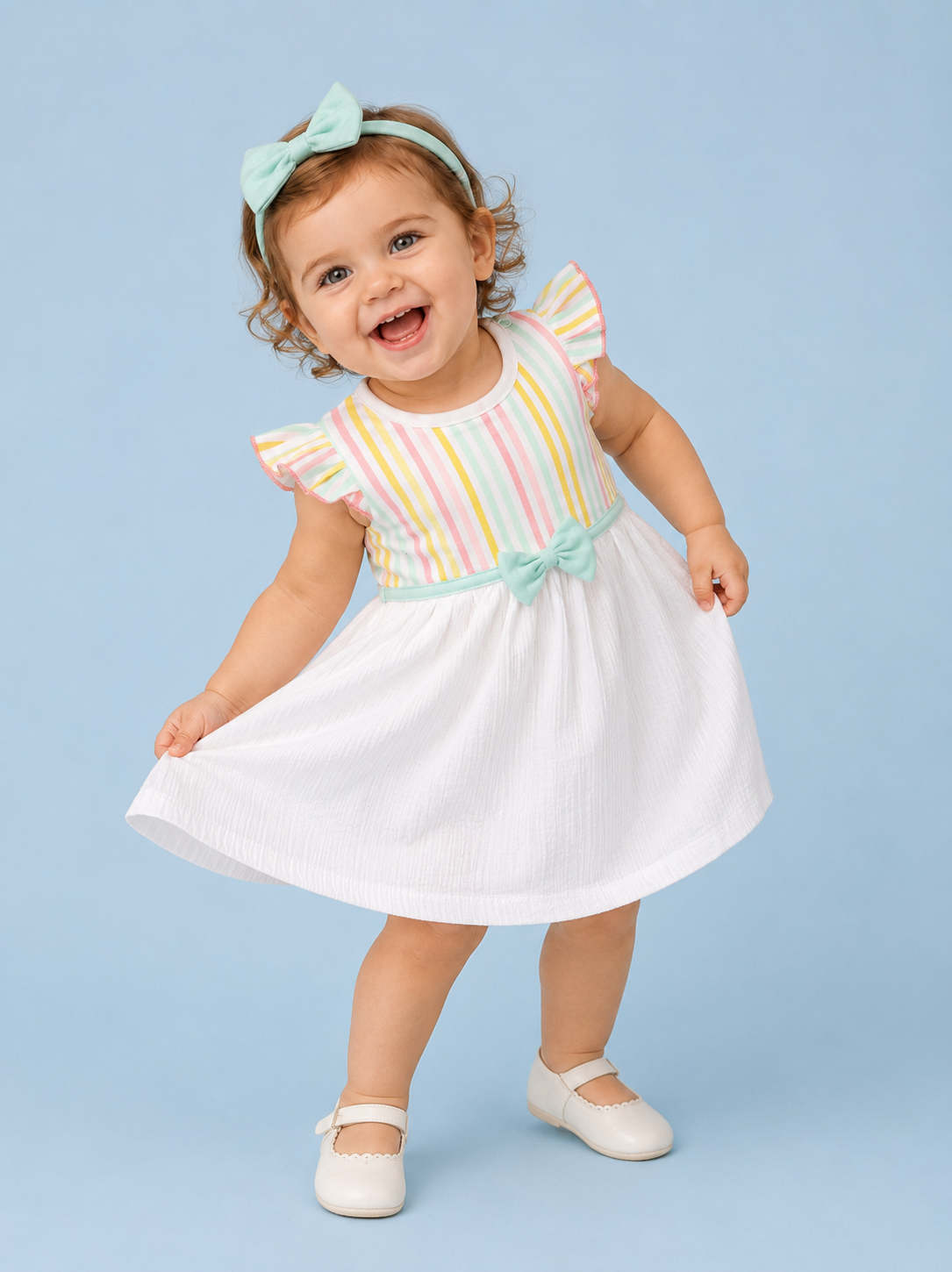 Misty Green — BabyRon Aurora organic cotton baby dress worn by baby model, soft cotton baby clothes for sensitive skin, premium baby clothes India and sustainable baby clothing India by BabyRon