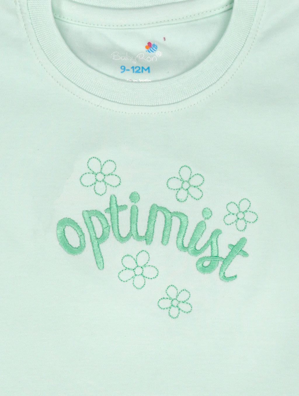 Misty Green — BabyRon Optimist premium organic cotton baby pyjama set worn by baby girl model, soft breathable baby wear for 0–12 months, gentle on sensitive skin, premium baby clothing India by BabyRon