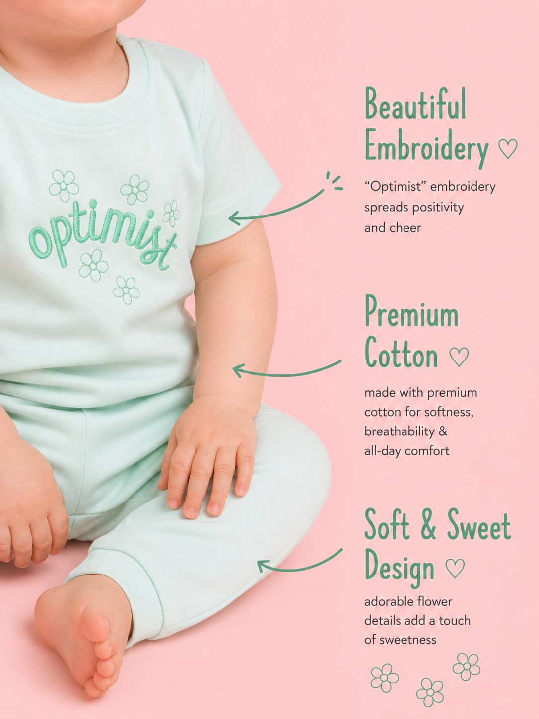 Misty Green — BabyRon Optimist premium organic cotton baby pyjama set worn by baby girl model, soft breathable baby wear for 0–12 months, gentle on sensitive skin, premium baby clothing India by BabyRon
