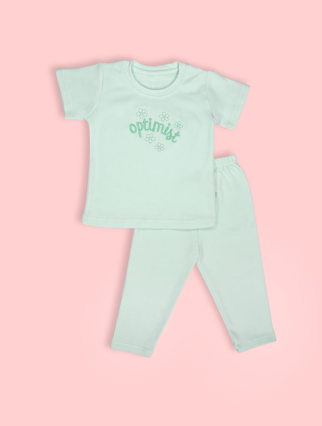Misty Green — BabyRon Optimist premium organic cotton baby pyjama set worn by baby girl model, soft breathable baby wear for 0–12 months, gentle on sensitive skin, premium baby clothing India by BabyRon