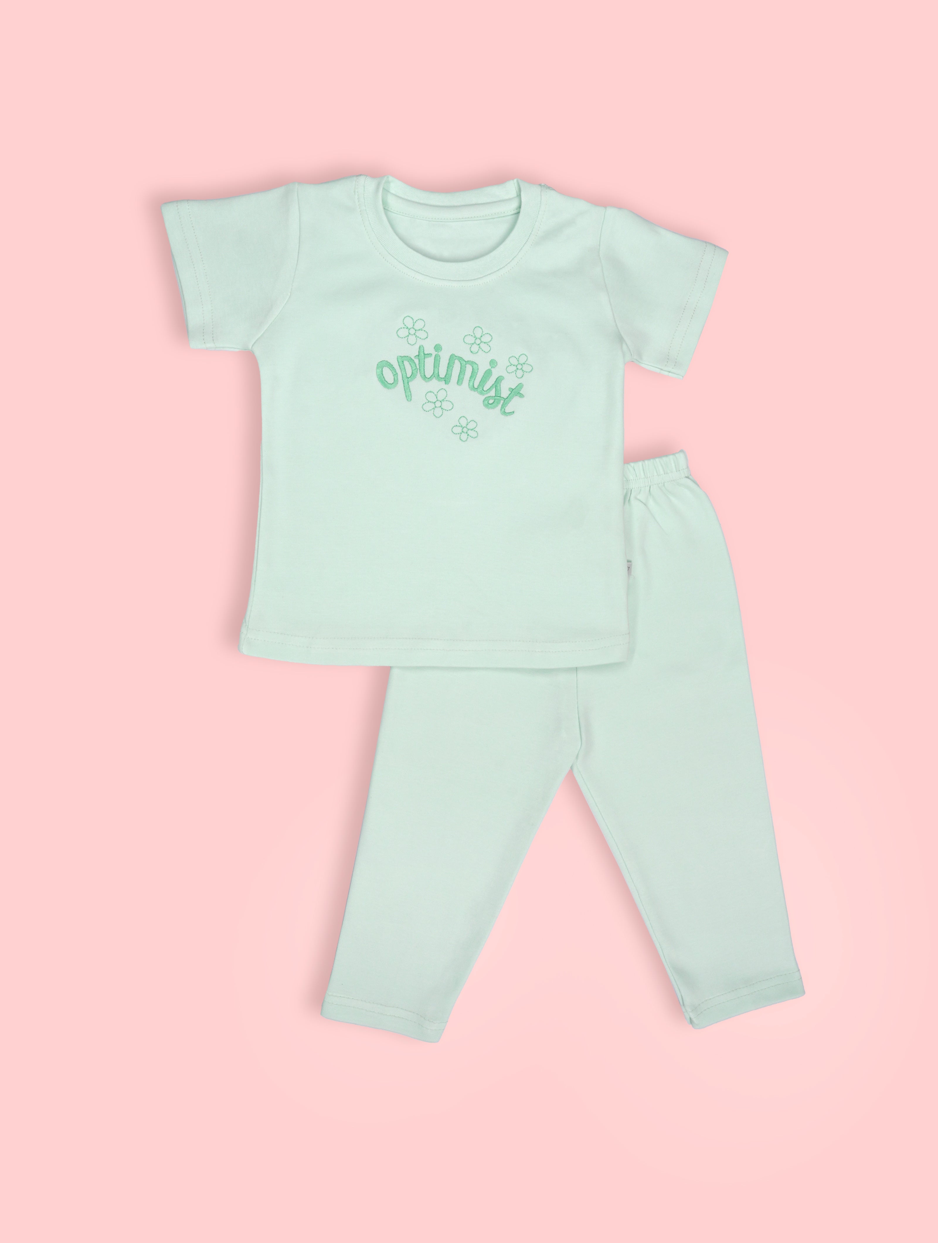 Misty Green — BabyRon Optimist premium organic cotton baby pyjama set worn by baby girl model, soft breathable baby wear for 0–12 months, gentle on sensitive skin, premium baby clothing India by BabyRon