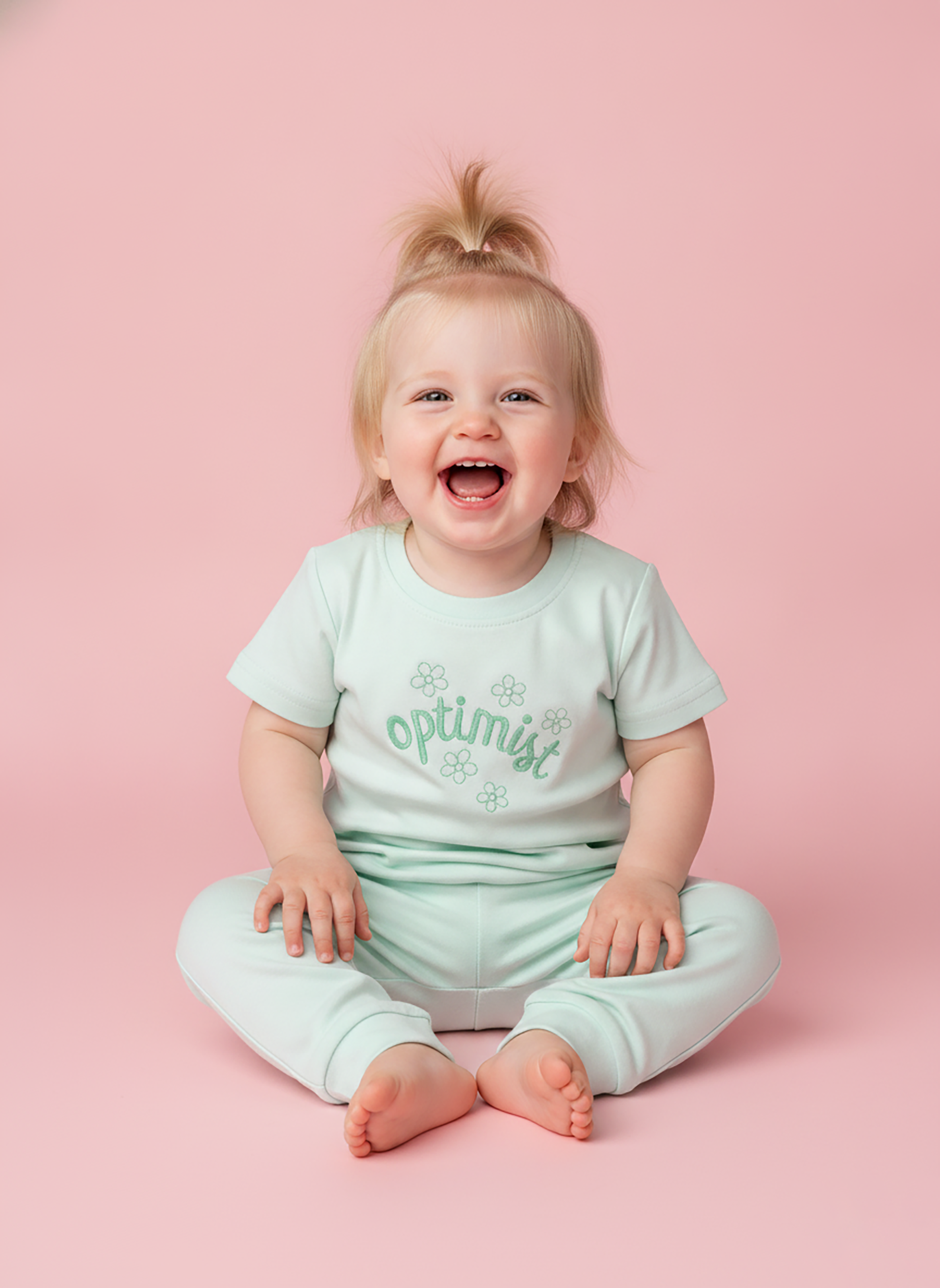 Misty Green — BabyRon Optimist premium organic cotton baby pyjama set worn by baby girl model, soft breathable baby wear for 0–12 months, gentle on sensitive skin, premium baby clothing India by BabyRon