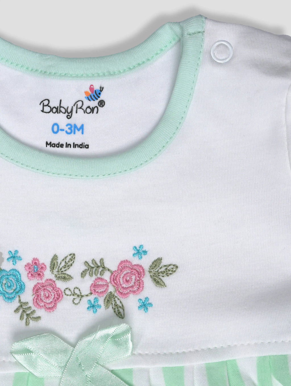 Misty Green — Tiny Meadow close-up of organic cotton fabric texture and stitching, export quality baby clothes and soft cotton baby clothes by BabyRon