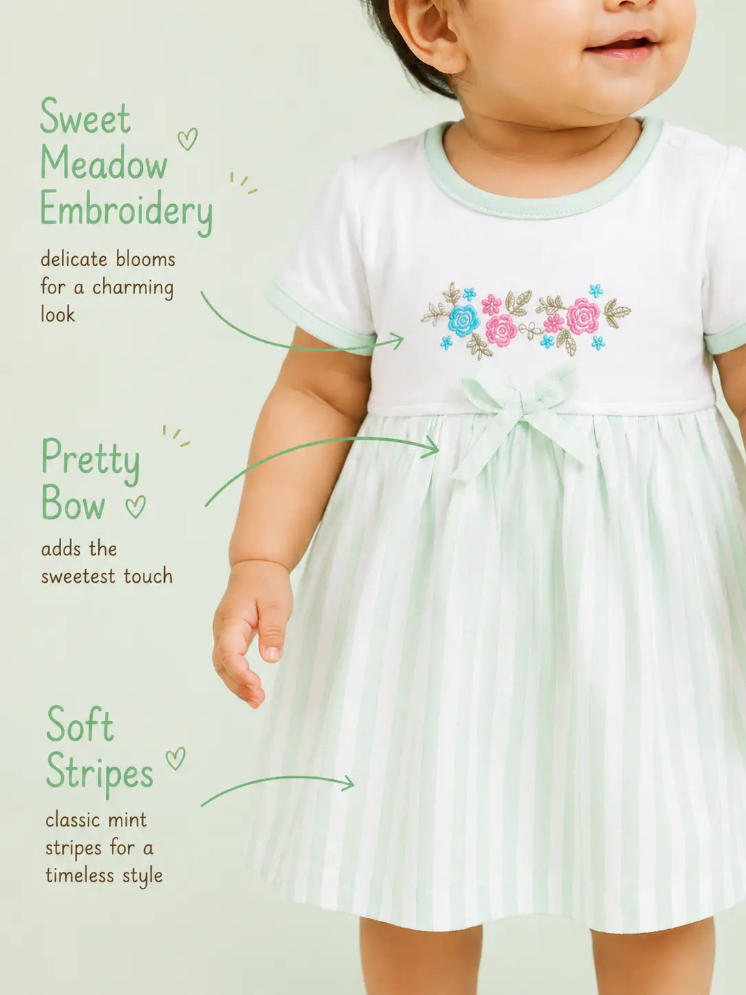 Misty Green — Tiny Meadow organic cotton baby dress product details, premium newborn clothing made from soft cotton fabric, newborn essentials India and sustainable baby clothing by BabyRon