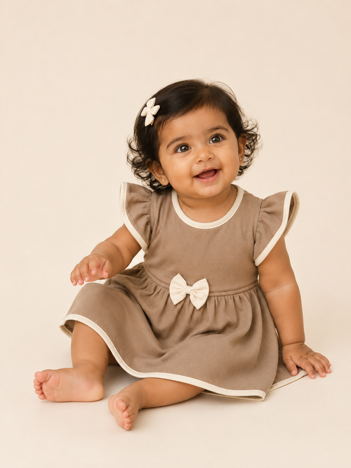 Mocha Mist — BabyRon Duchess organic cotton baby dress worn by baby model, soft cotton baby clothes for sensitive skin, premium baby clothes India and sustainable baby clothing India by BabyRon