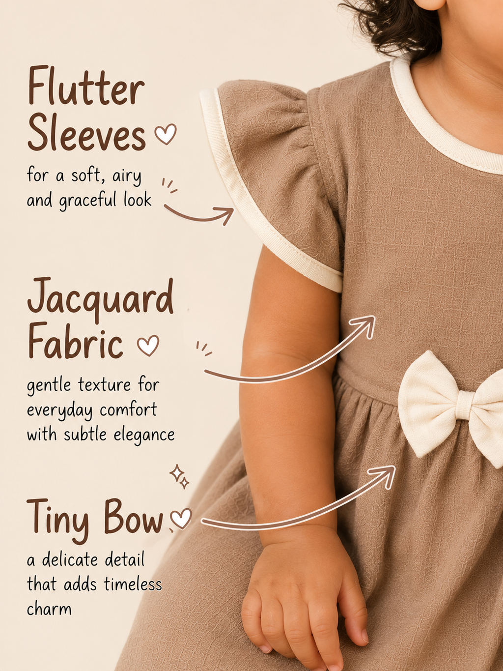 Mocha Mist — BabyRon Duchess organic cotton baby dress worn by baby model, soft cotton baby clothes for sensitive skin, premium baby clothes India and sustainable baby clothing India by BabyRon