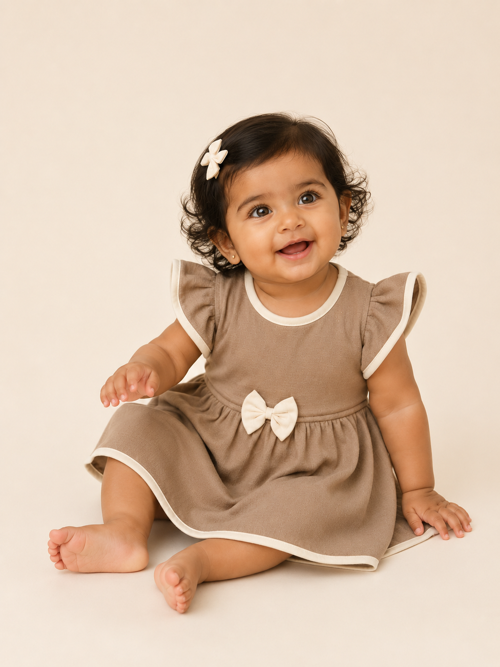Mocha Mist — BabyRon Duchess organic cotton baby dress worn by baby model, soft cotton baby clothes for sensitive skin, premium baby clothes India and sustainable baby clothing India by BabyRon