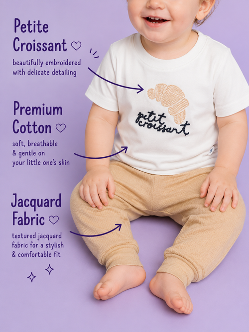 Oatmeal Beige — BabyRon Croissant premium organic cotton baby pyjama set worn by baby boy model, soft breathable baby wear for 0–12 months, gentle on sensitive skin, premium baby clothing India by BabyRon