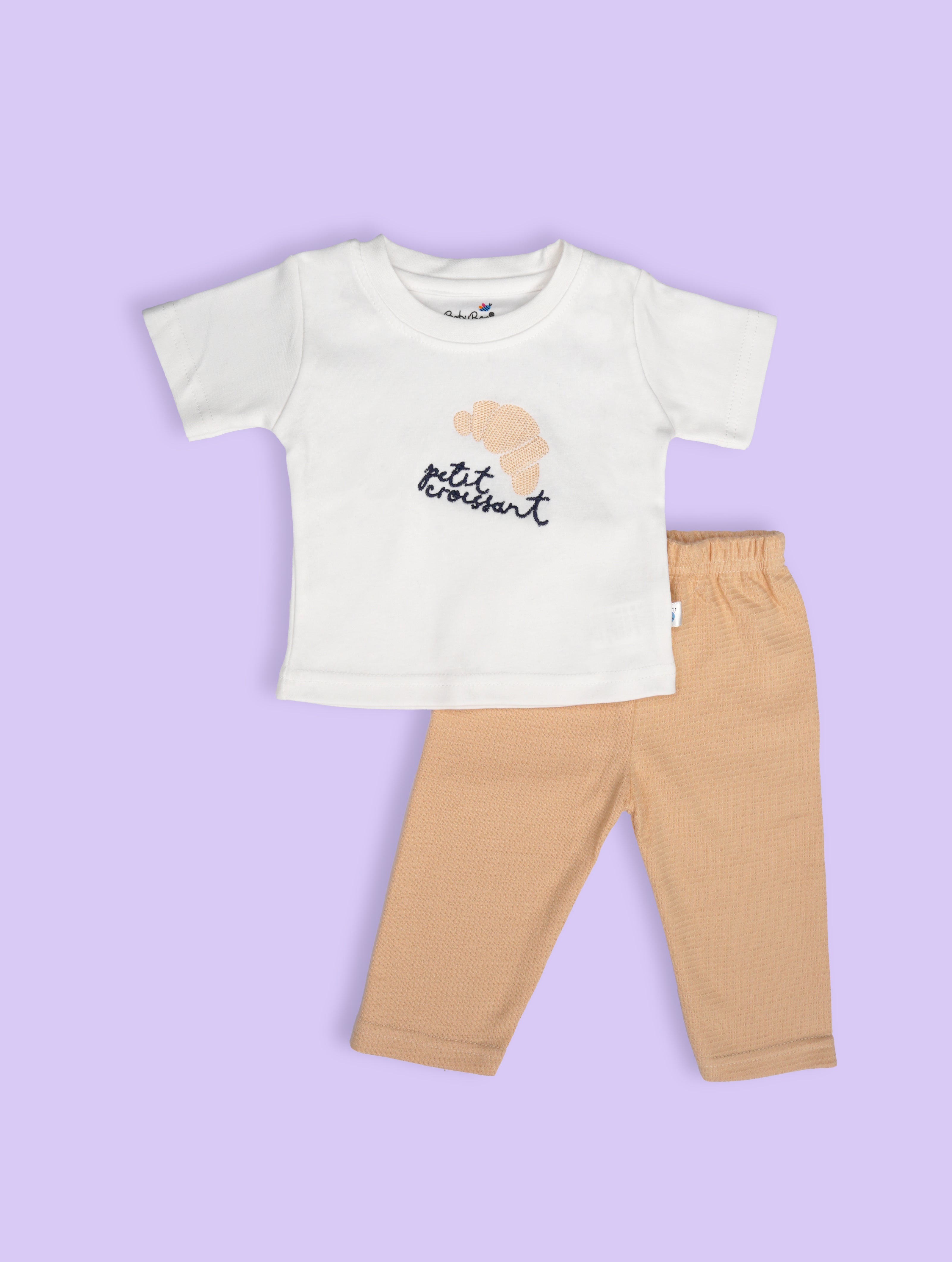 Oatmeal Beige — BabyRon Croissant premium organic cotton baby pyjama set worn by baby boy model, soft breathable baby wear for 0–12 months, gentle on sensitive skin, premium baby clothing India by BabyRon