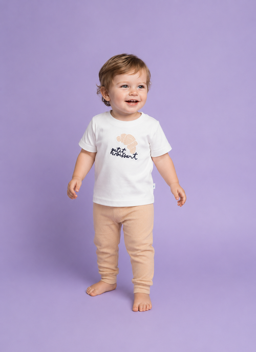 Oatmeal Beige — BabyRon Croissant premium organic cotton baby pyjama set worn by baby boy model, soft breathable baby wear for 0–12 months, gentle on sensitive skin, premium baby clothing India by BabyRon