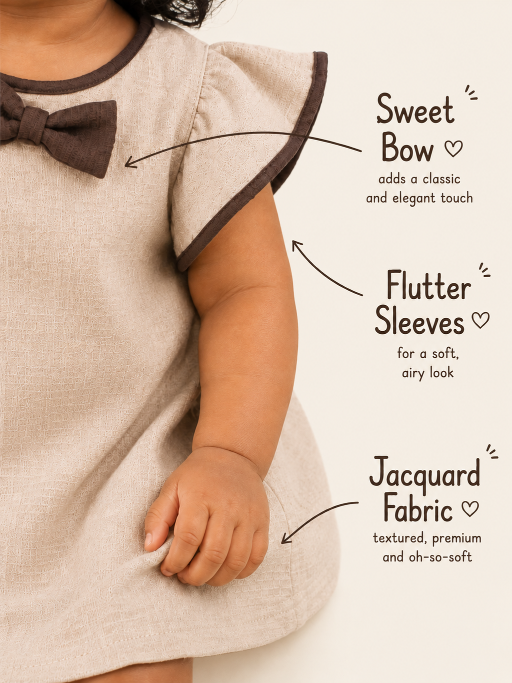 Oatmeal Beige — BabyRon Empress organic cotton baby dress worn by baby model, soft cotton baby clothes for sensitive skin, premium baby clothes India and sustainable baby clothing India by BabyRon