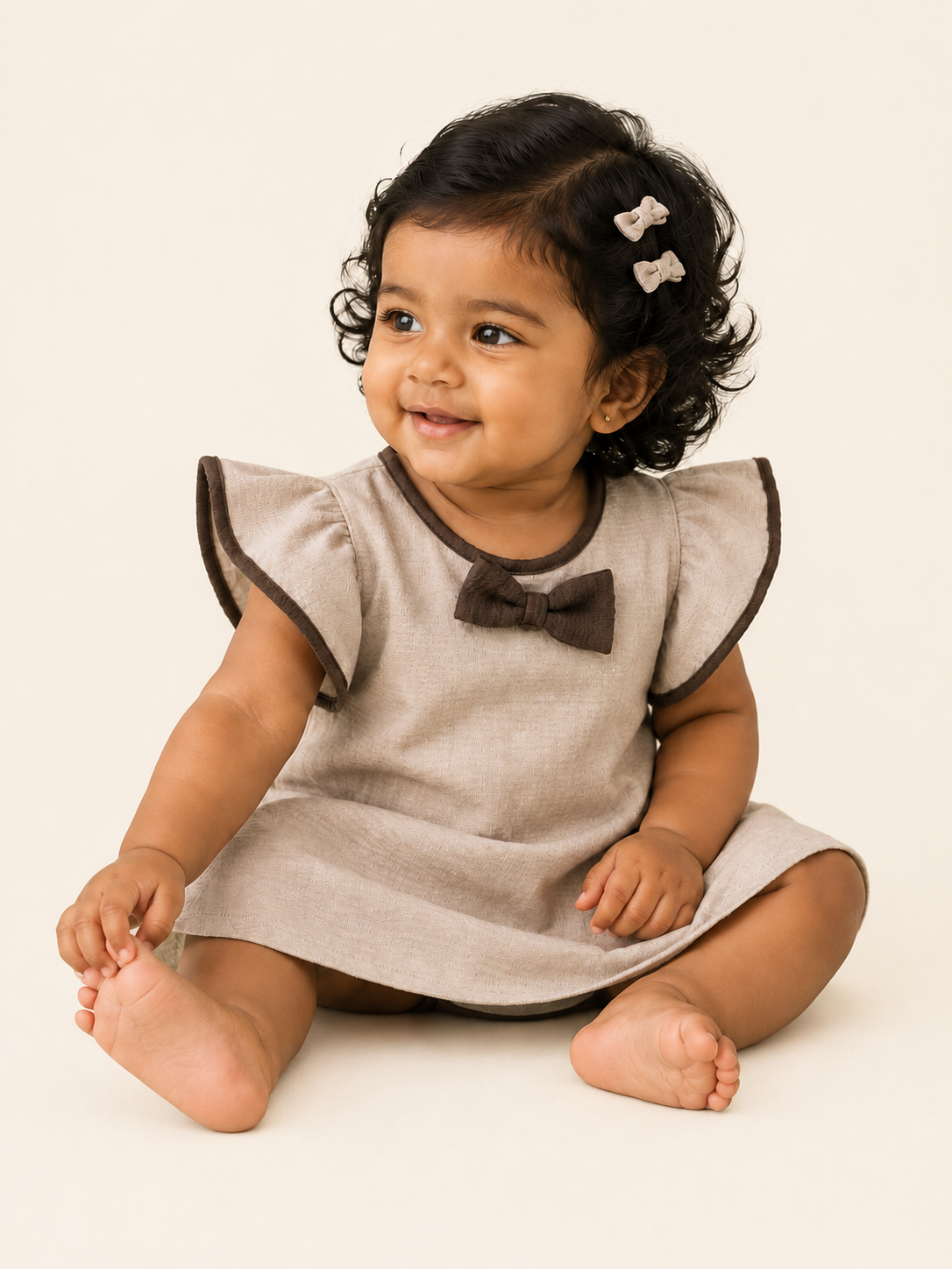 Oatmeal Beige — BabyRon Empress organic cotton baby dress worn by baby model, soft cotton baby clothes for sensitive skin, premium baby clothes India and sustainable baby clothing India by BabyRon