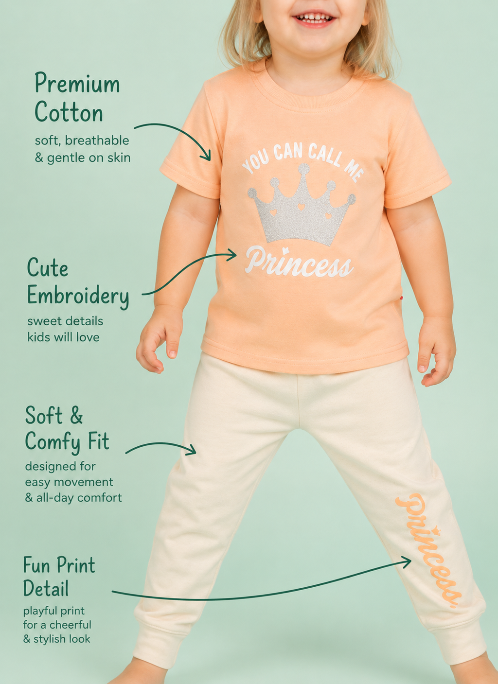 Orange Zest — BabyRon Princess premium organic cotton baby pyjama set worn by baby girl model, soft breathable baby wear for 0–12 months, gentle on sensitive skin, premium baby clothing India by BabyRon