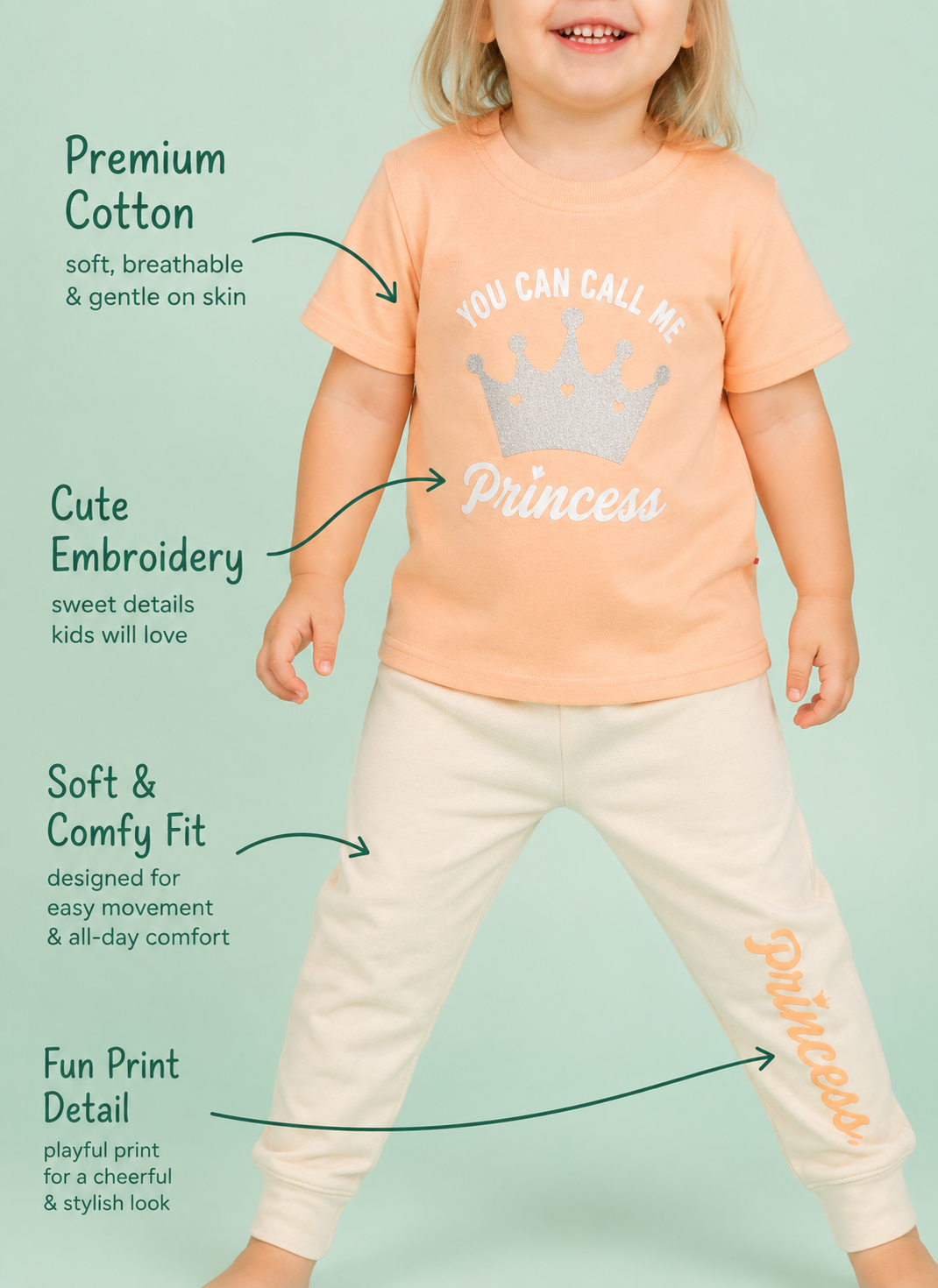 Orange Zest — BabyRon Princess premium organic cotton baby pyjama set worn by baby girl model, soft breathable baby wear for 0–12 months, gentle on sensitive skin, premium baby clothing India by BabyRon
