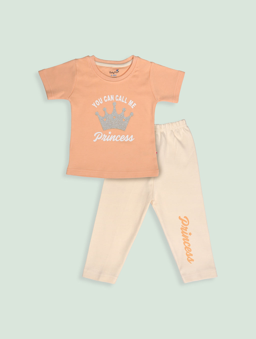 Orange Zest — BabyRon Princess premium organic cotton baby pyjama set worn by baby girl model, soft breathable baby wear for 0–12 months, gentle on sensitive skin, premium baby clothing India by BabyRon