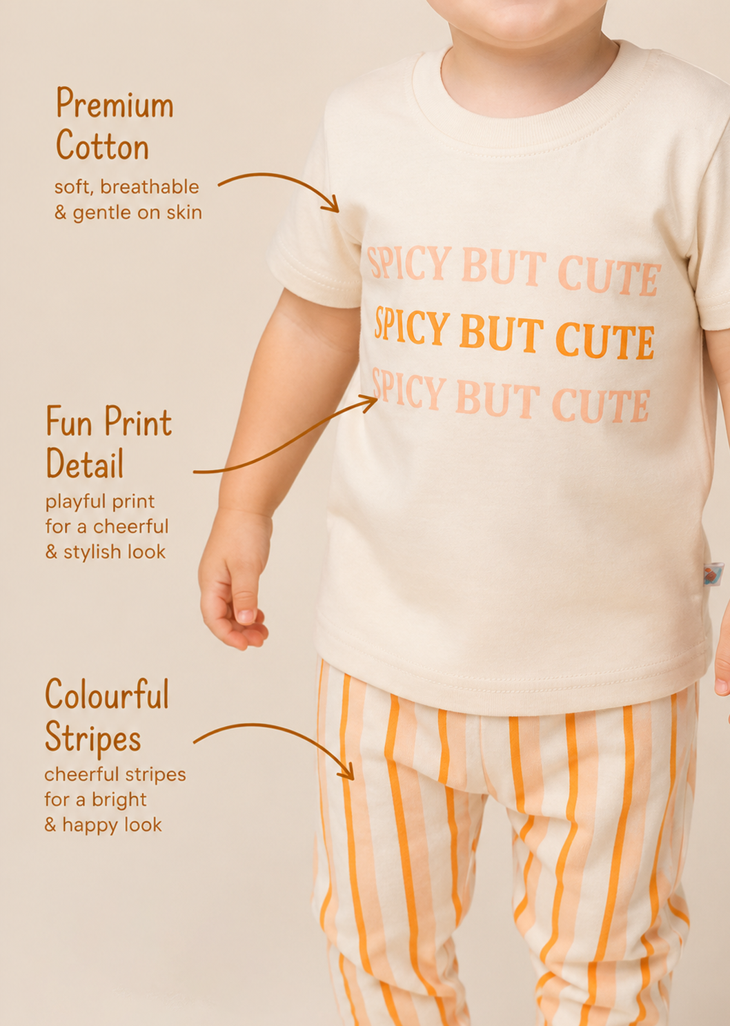 Orange Zest — BabyRon Spice premium organic cotton baby pyjama set worn by baby boy model, soft breathable baby wear for 0–12 months, gentle on sensitive skin, premium baby clothing India by BabyRon
