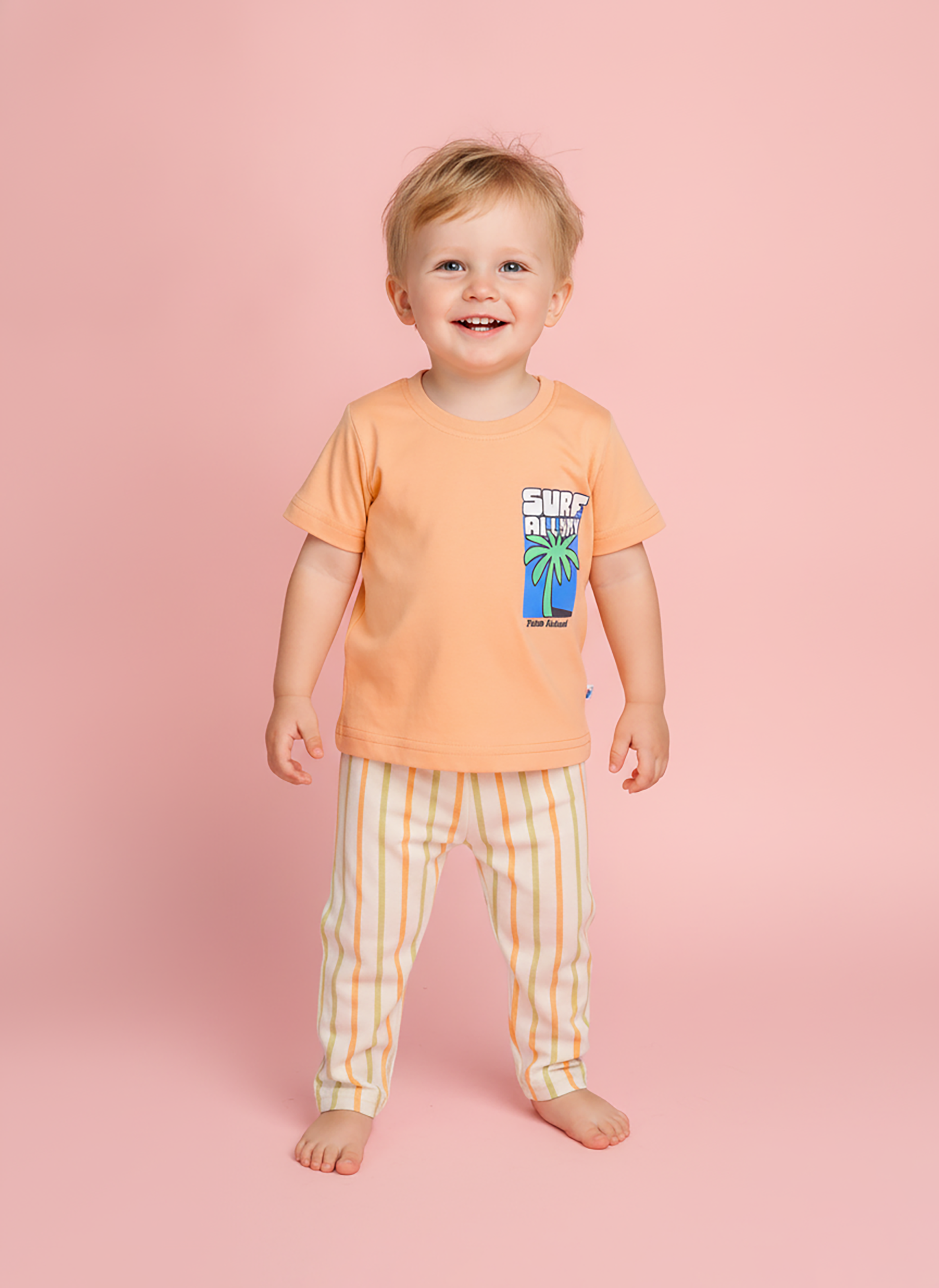 Orange Zest — BabyRon Surfer premium organic cotton baby pyjama set worn by baby boy model, soft breathable baby clothes for sensitive skin, safe baby wear, perfect for gifting, sustainable baby clothing India by BabyRon