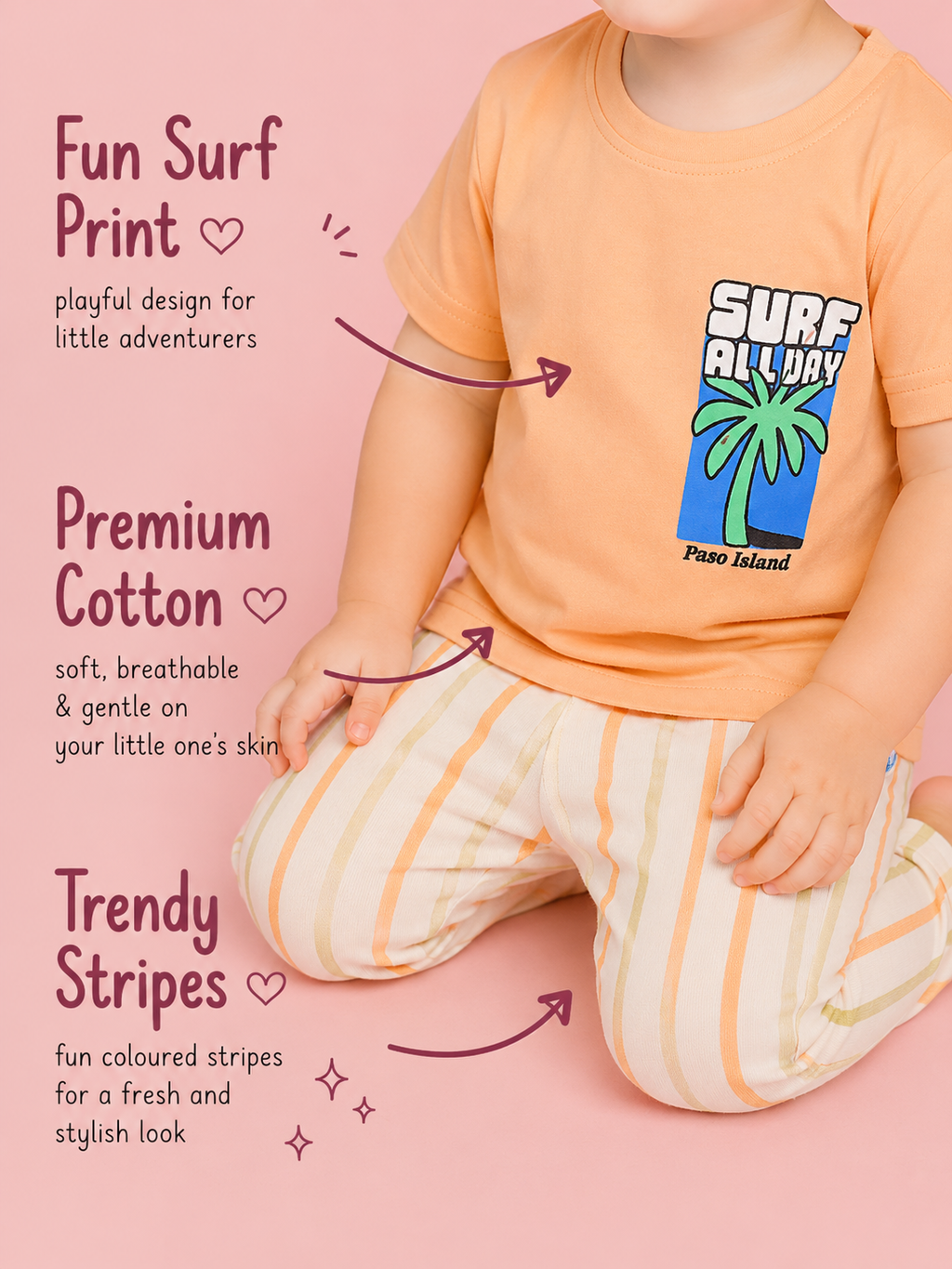 Orange Zest — BabyRon Surfer premium organic cotton baby pyjama set worn by baby boy model, soft breathable baby clothes for sensitive skin, safe baby wear, perfect for gifting, sustainable baby clothing India by BabyRon