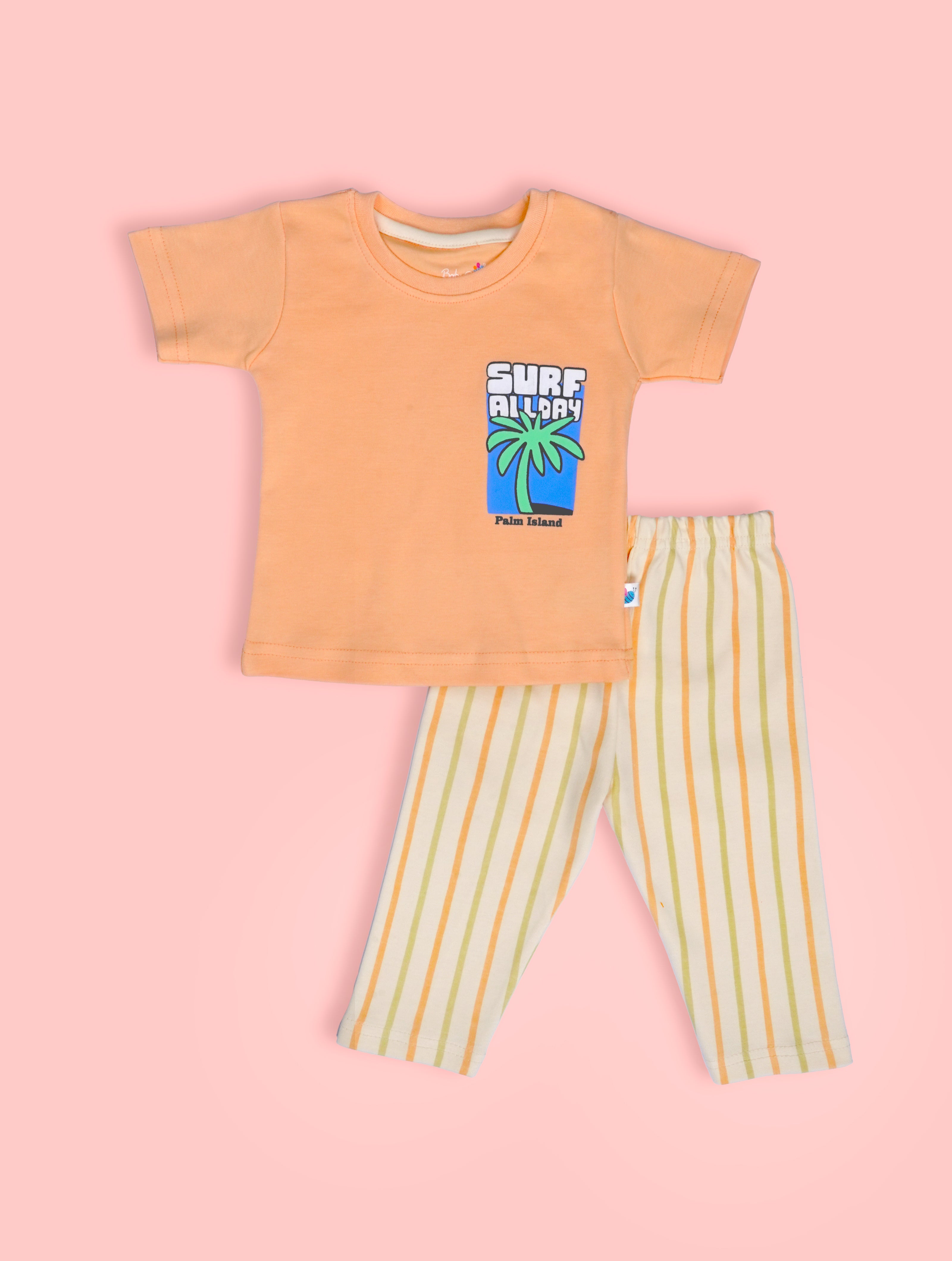 Orange Zest — BabyRon Surfer premium organic cotton baby pyjama set worn by baby boy model, soft breathable baby clothes for sensitive skin, safe baby wear, perfect for gifting, sustainable baby clothing India by BabyRon