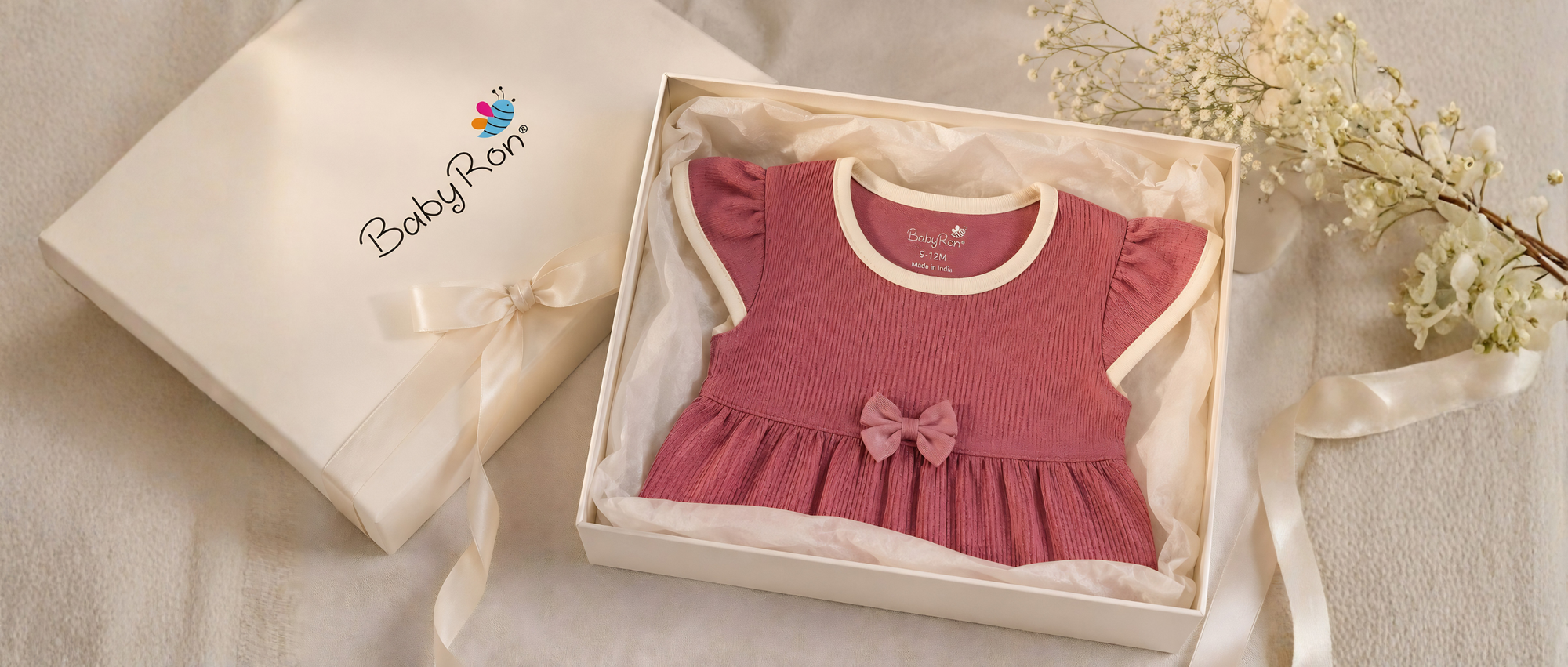 Elegant pink ribbed cotton baby frock neatly packed in a premium gift box with satin ribbon. Perfect organic cotton newborn gift sets India. BabyRon 9-12M made in India.