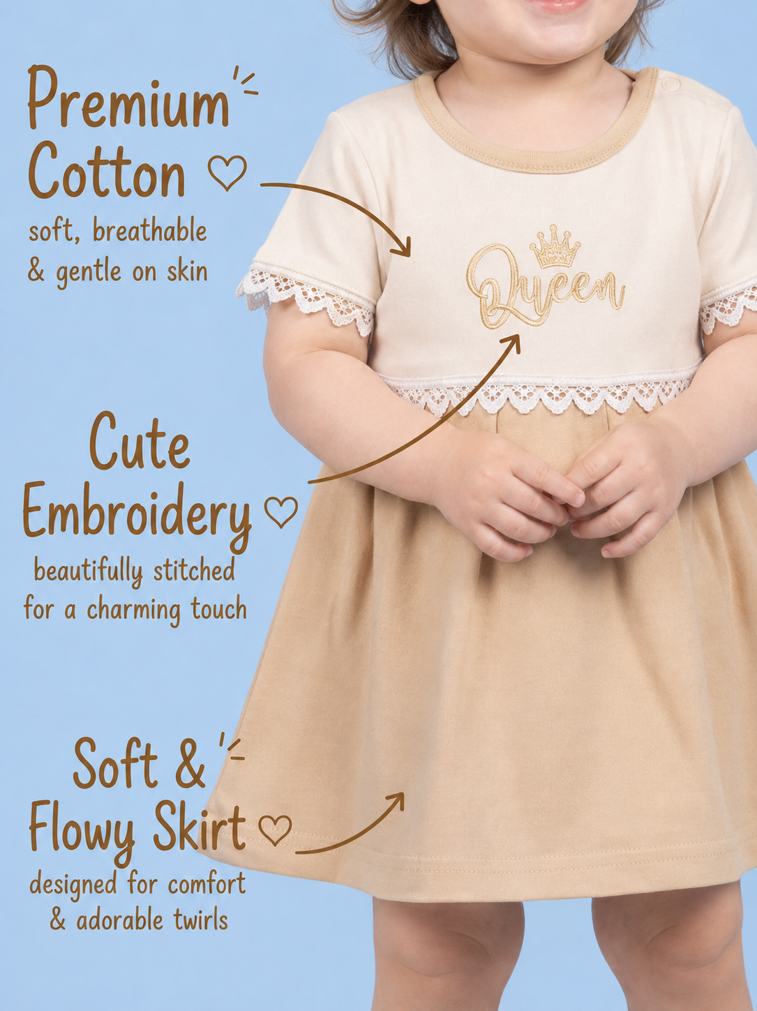 Peanut Butter — BabyRon Queen premium organic cotton baby pyjama set worn by baby girl model, soft breathable baby wear for 0–12 months, gentle on sensitive skin, premium baby clothing India by BabyRon