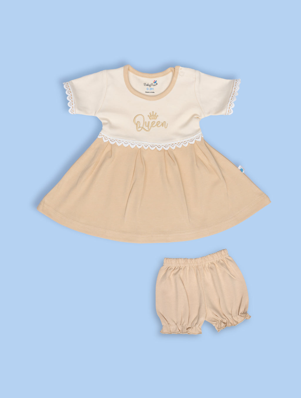 Peanut Butter — BabyRon Queen premium organic cotton baby pyjama set worn by baby girl model, soft breathable baby wear for 0–12 months, gentle on sensitive skin, premium baby clothing India by BabyRon