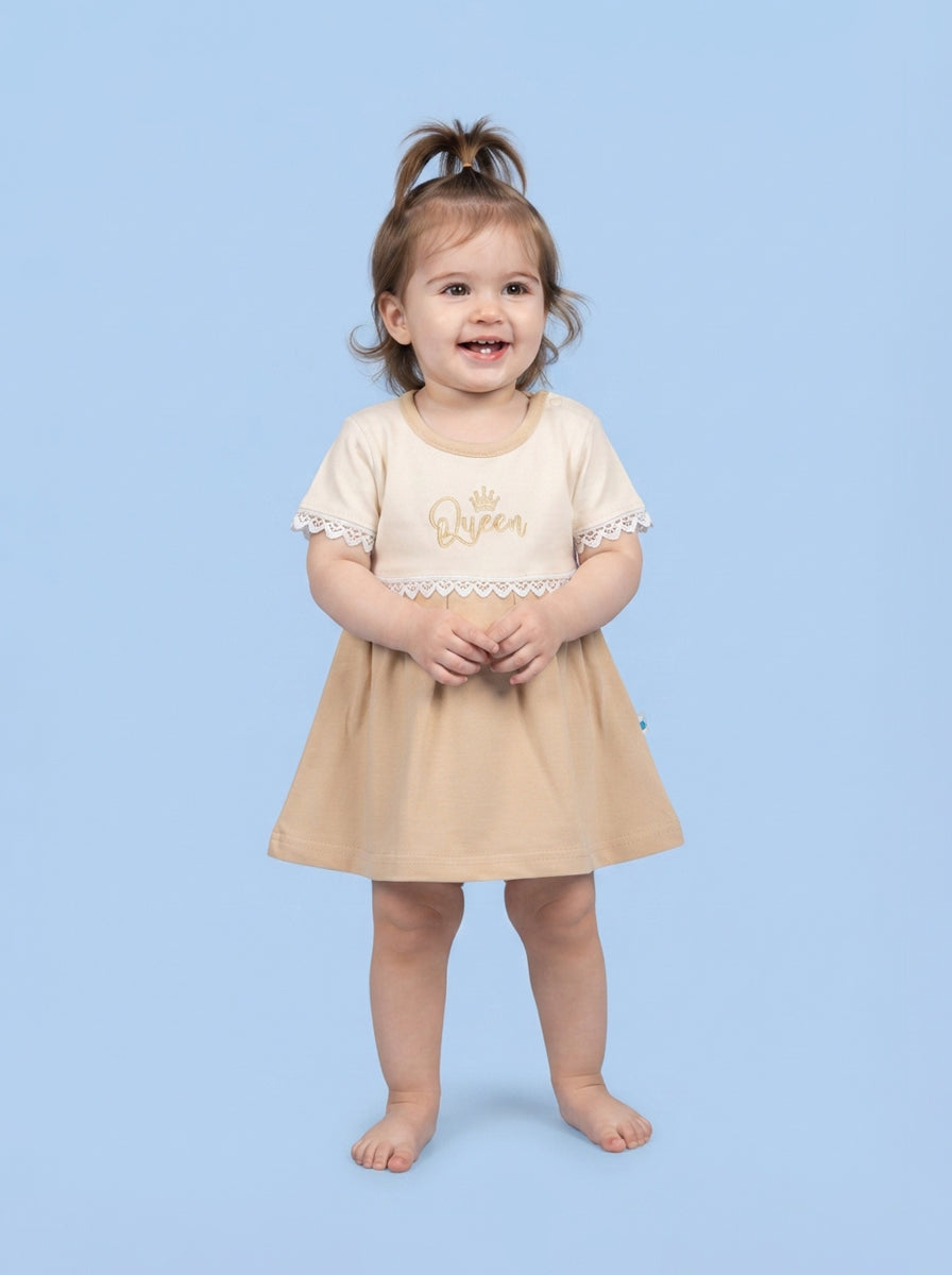 Peanut Butter — BabyRon Queen premium organic cotton baby pyjama set worn by baby girl model, soft breathable baby wear for 0–12 months, gentle on sensitive skin, premium baby clothing India by BabyRon