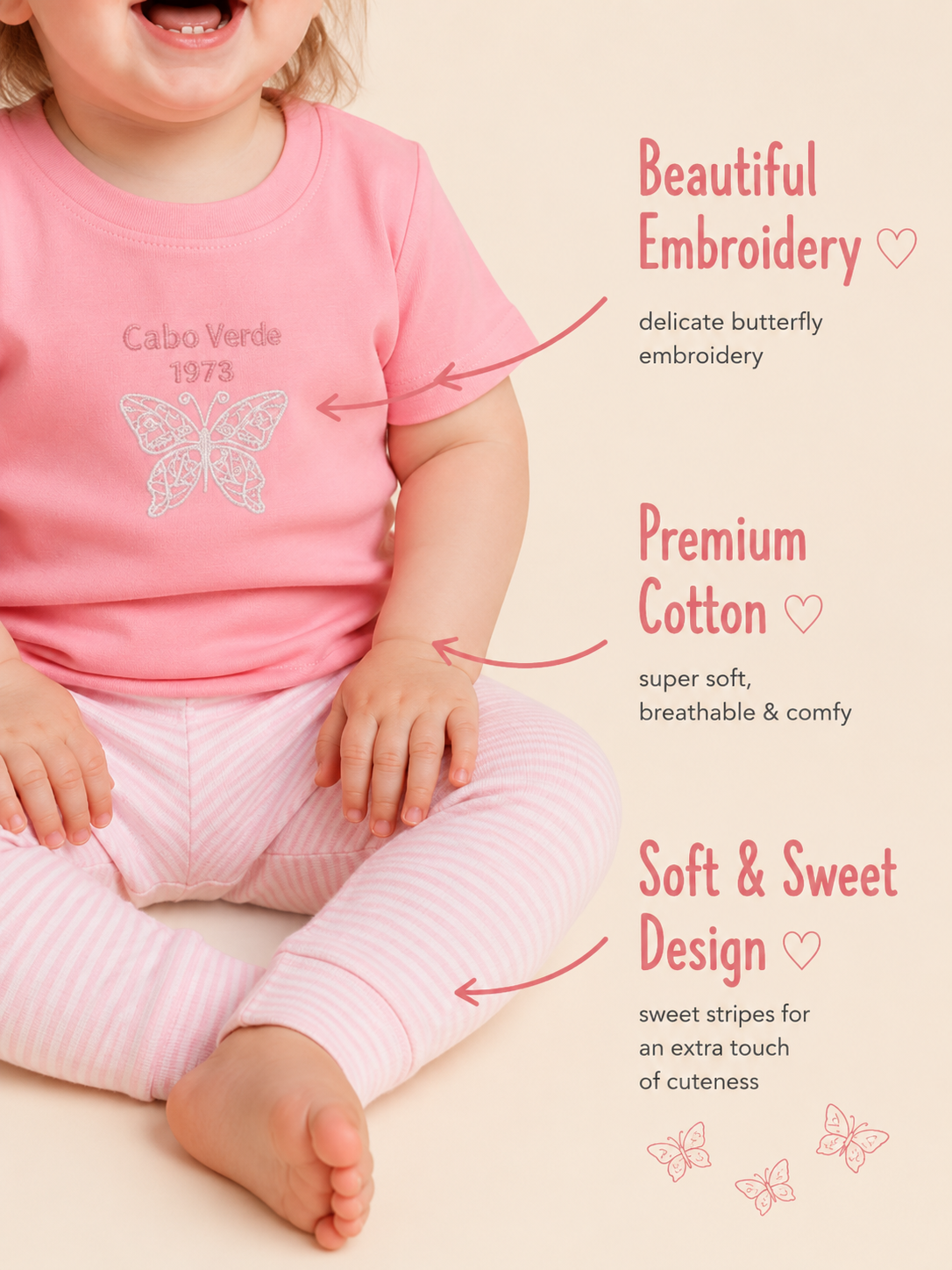Pearl Pink — BabyRon Butterfly premium organic cotton baby pyjama set worn by baby girl model, soft breathable baby wear for 0–12 months, gentle on sensitive skin, premium baby clothing India by BabyRon