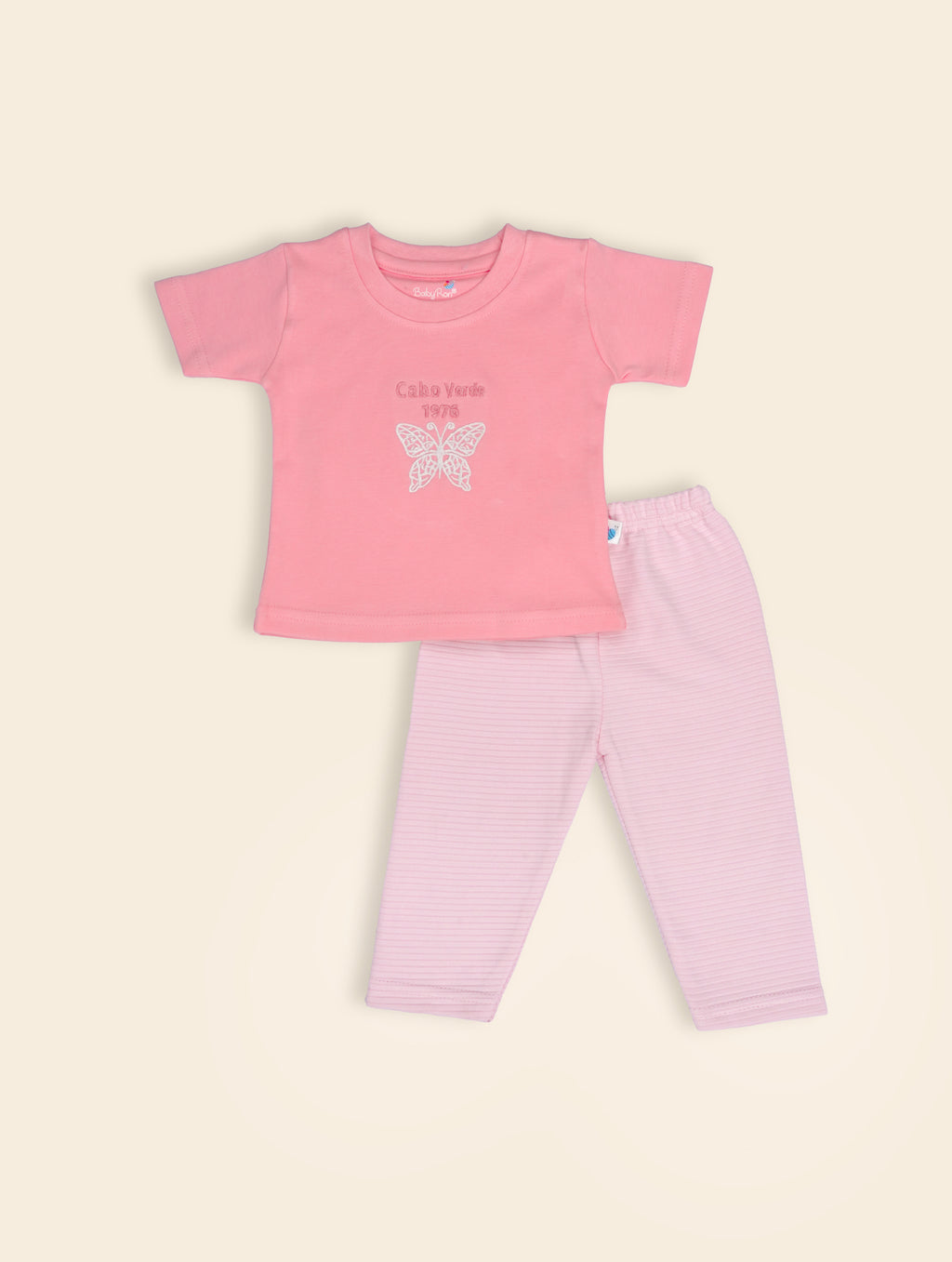 Pearl Pink — BabyRon Butterfly premium organic cotton baby pyjama set worn by baby girl model, soft breathable baby wear for 0–12 months, gentle on sensitive skin, premium baby clothing India by BabyRon