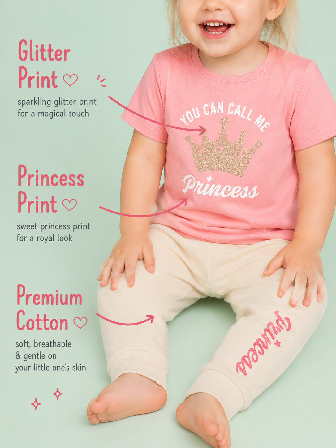 Pearl Pink — BabyRon Princess premium organic cotton baby pyjama set worn by baby girl model, soft breathable baby wear for 0–12 months, gentle on sensitive skin, premium baby clothing India by BabyRon