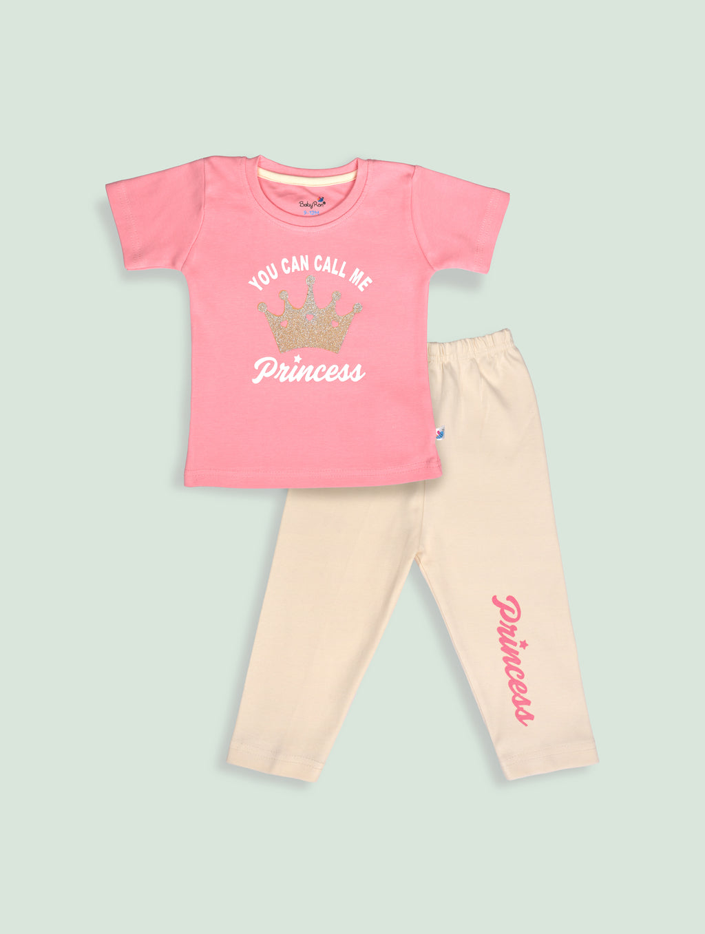 Pearl Pink — BabyRon Princess premium organic cotton baby pyjama set worn by baby girl model, soft breathable baby wear for 0–12 months, gentle on sensitive skin, premium baby clothing India by BabyRon
