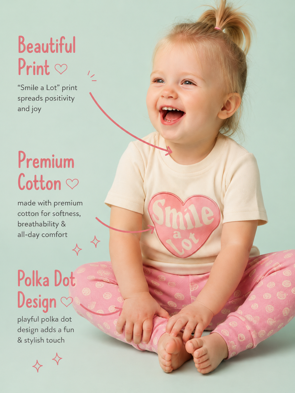 Pearl Pink — BabyRon Smile premium organic cotton baby pyjama set worn by baby girl model, soft breathable baby wear for 0–12 months, gentle on sensitive skin, premium baby clothing India by BabyRon