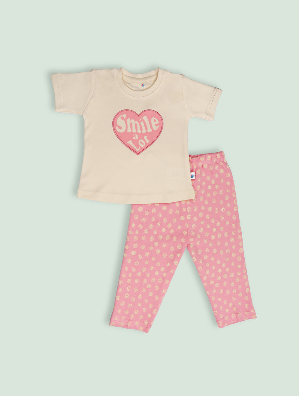 Pearl Pink — BabyRon Smile premium organic cotton baby pyjama set worn by baby girl model, soft breathable baby wear for 0–12 months, gentle on sensitive skin, premium baby clothing India by BabyRon