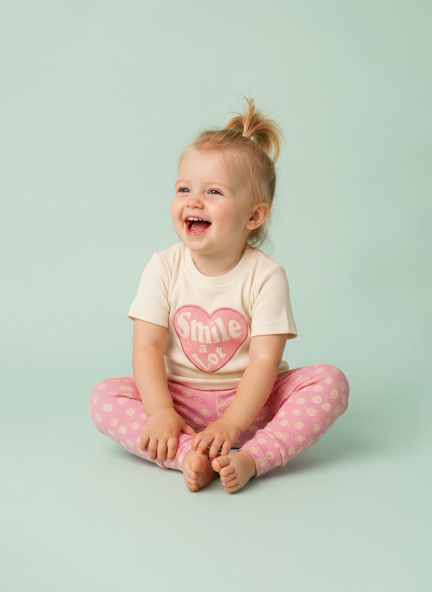 Pearl Pink — BabyRon Smile premium organic cotton baby pyjama set worn by baby girl model, soft breathable baby wear for 0–12 months, gentle on sensitive skin, premium baby clothing India by BabyRon