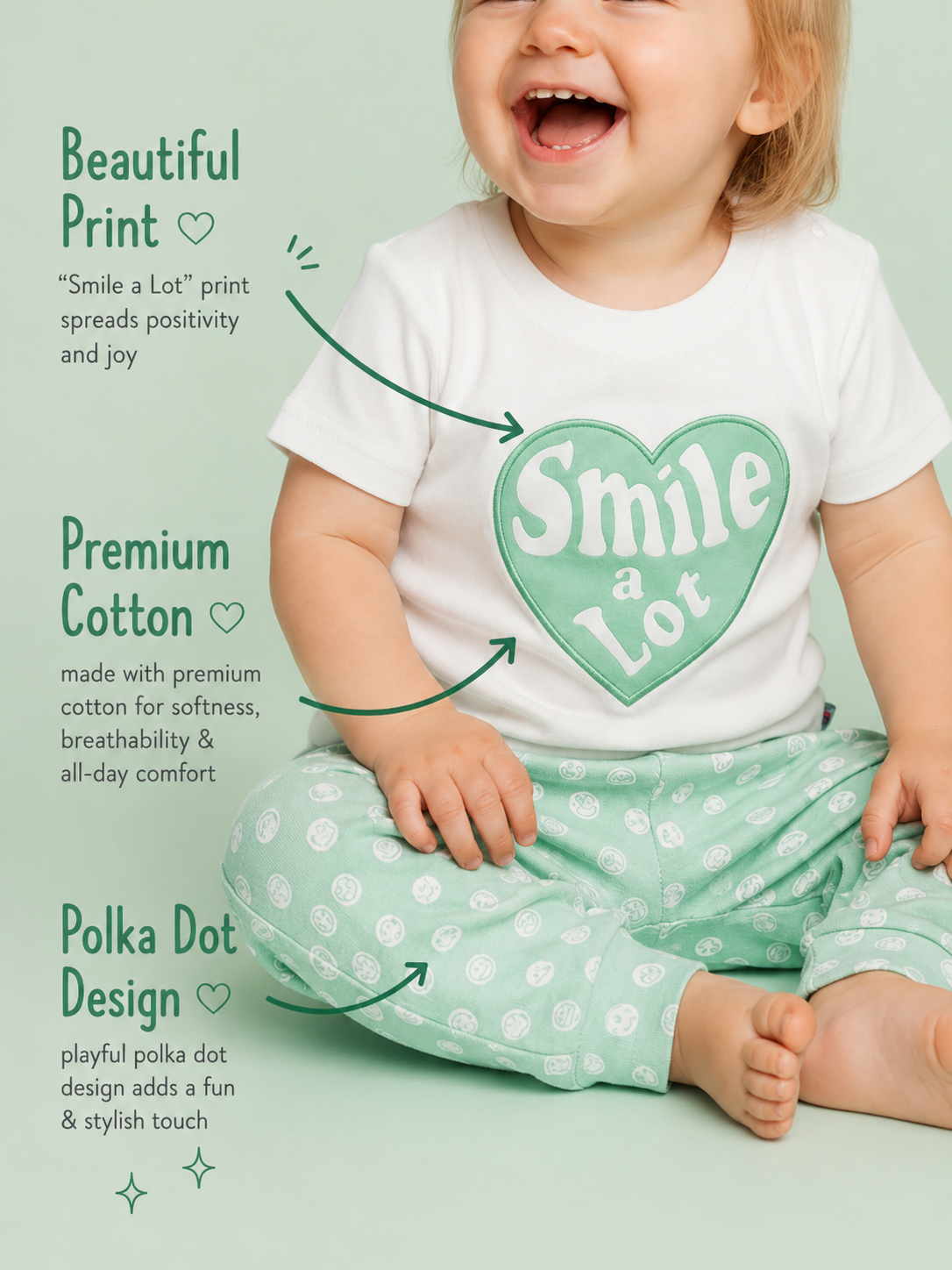 Pistachio Green — BabyRon Smile premium organic cotton baby pyjama set worn by baby girl model, soft breathable baby wear for 0–12 months, gentle on sensitive skin, premium baby clothing India by BabyRon