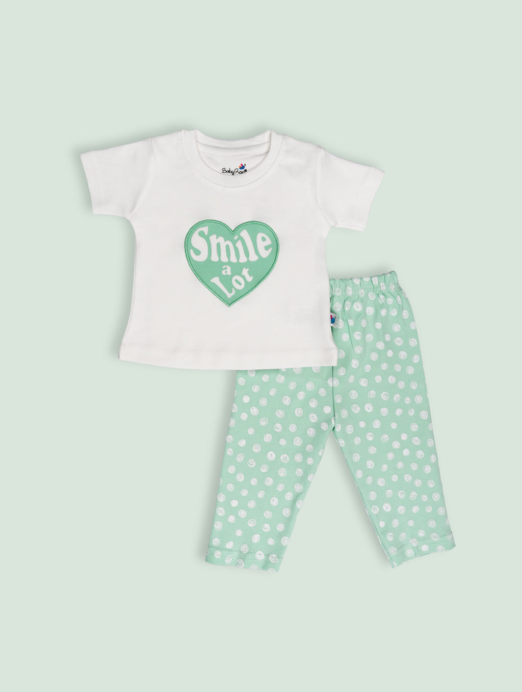 Pistachio Green — BabyRon Smile premium organic cotton baby pyjama set worn by baby girl model, soft breathable baby wear for 0–12 months, gentle on sensitive skin, premium baby clothing India by BabyRon