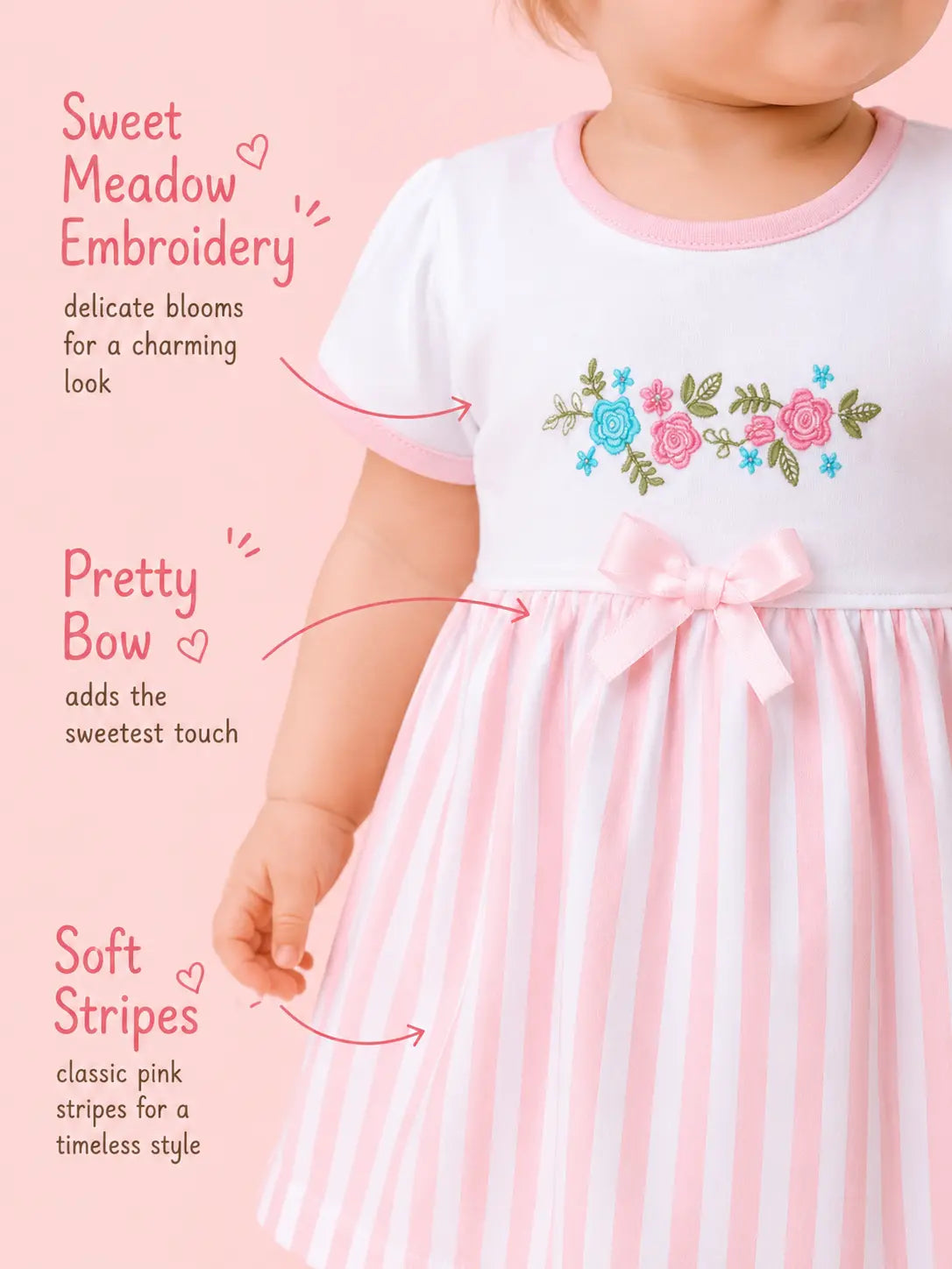 Powder Pink — Tiny Meadow organic cotton baby dress product details, premium newborn clothing made from soft cotton fabric, newborn essentials India and sustainable baby clothing by BabyRon