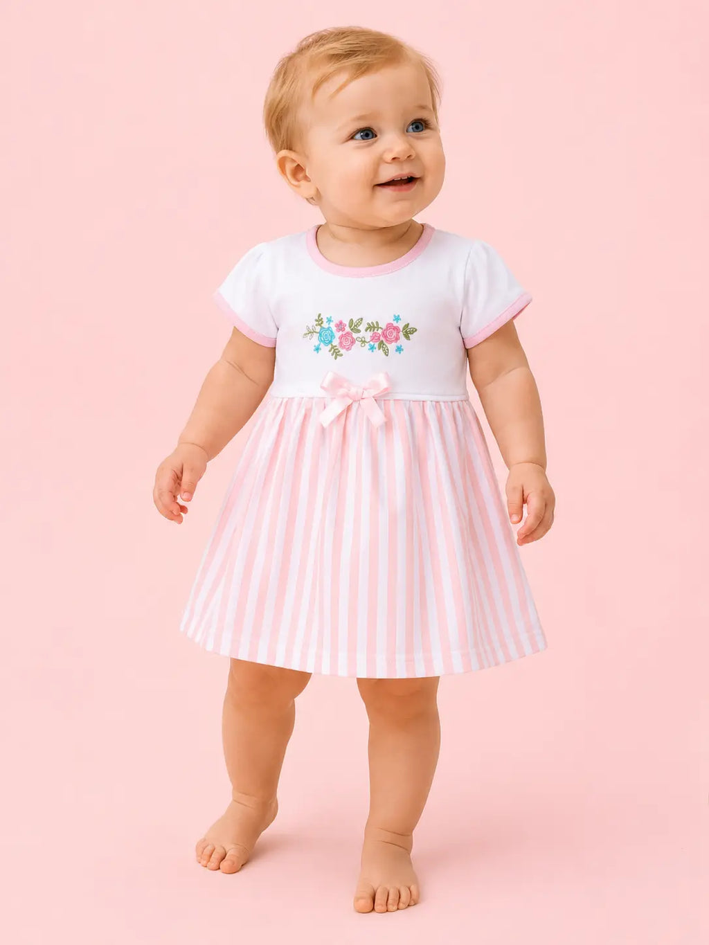 Powder Pink — Tiny Meadow organic cotton baby dress worn by baby model, soft cotton baby clothes for sensitive skin, premium baby clothes India and sustainable baby clothing India by BabyRon
