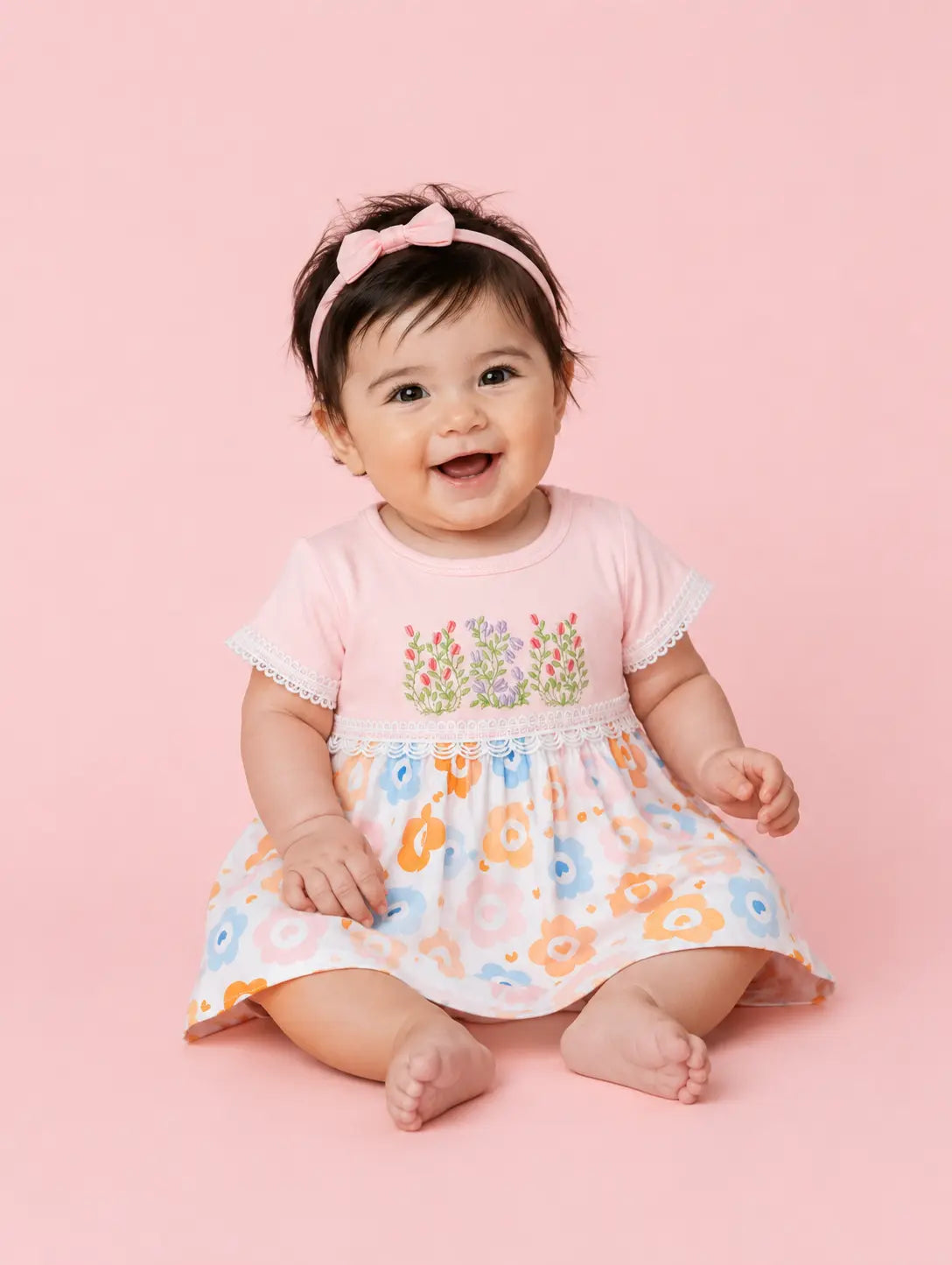 Powder Pink — Tiny Tulip organic cotton baby dress worn by baby model, premium baby clothes India and baby clothes for sensitive skin by BabyRo