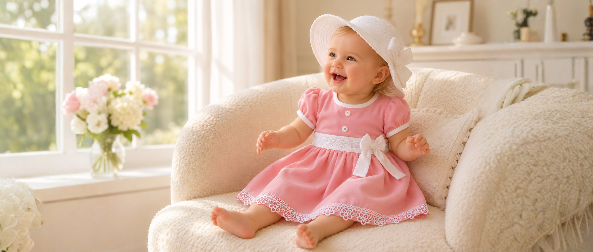 Adorable baby girl wearing a premium pink cotton frock with white lace details, sitting on a cozy sofa. Perfect for sensitive skin, made from soft organic cotton. Shop baby frocks India online.
