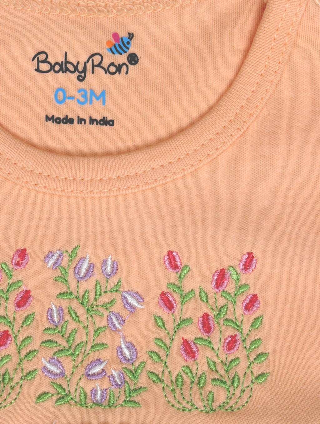 Pretty Peach — Tiny Tulip close-up of organic cotton fabric texture and stitching, export quality baby clothes by BabyRon