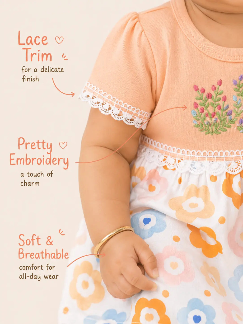 Pretty Peach — Tiny Tulip organic cotton baby dress product details and fabric information, sustainable baby clothing India by BabyRon