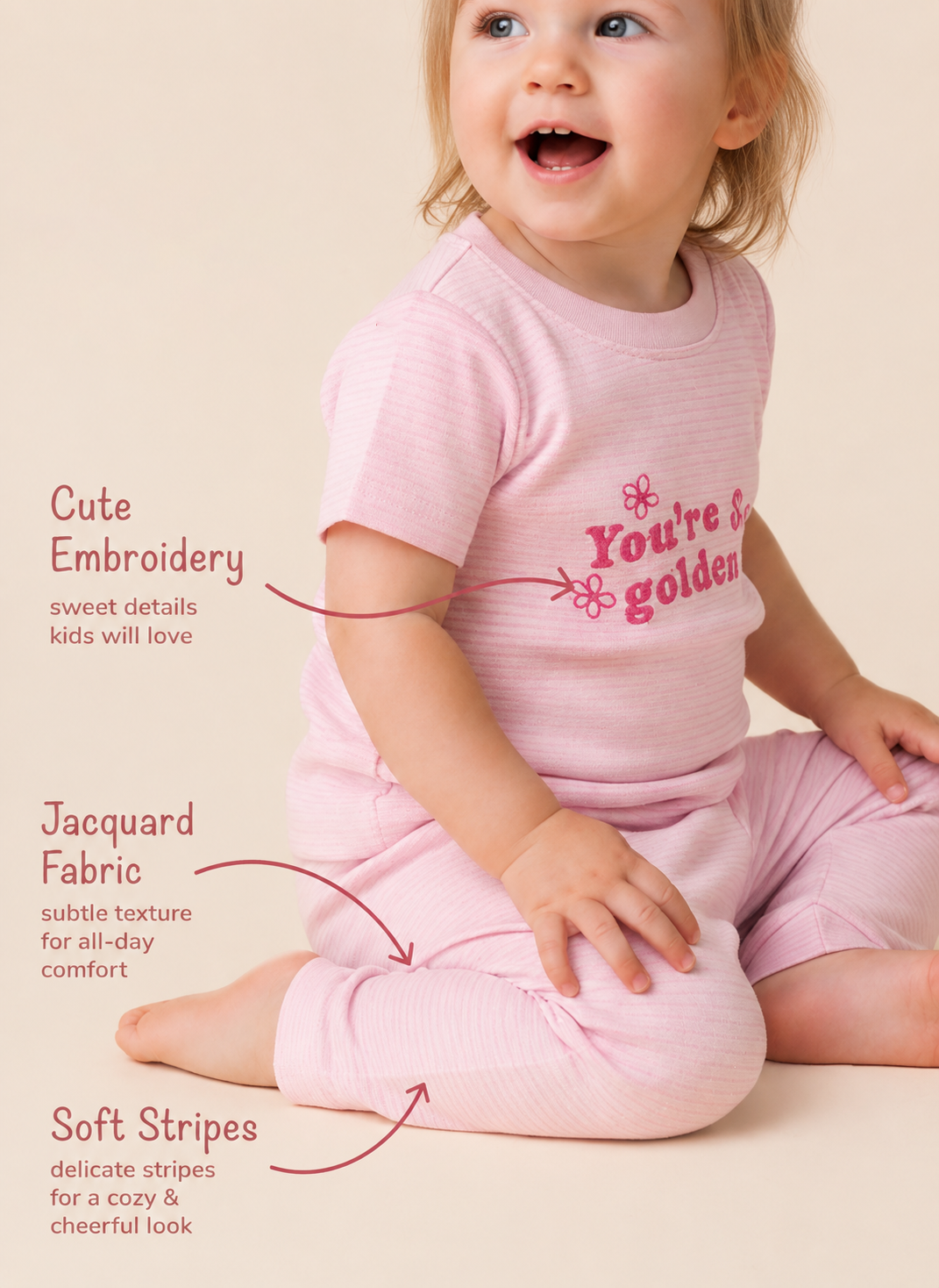 Rosy Pink — BabyRon Golden premium organic cotton baby pyjama set worn by baby girl model, soft breathable baby wear for 0–12 months, gentle on sensitive skin, premium baby clothing India by BabyRon