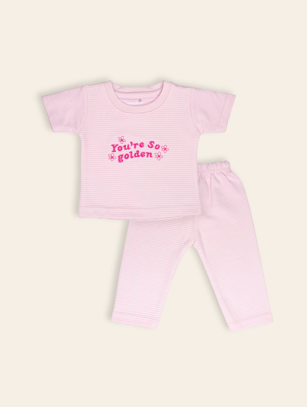 Rosy Pink — BabyRon Golden premium organic cotton baby pyjama set worn by baby girl model, soft breathable baby wear for 0–12 months, gentle on sensitive skin, premium baby clothing India by BabyRon