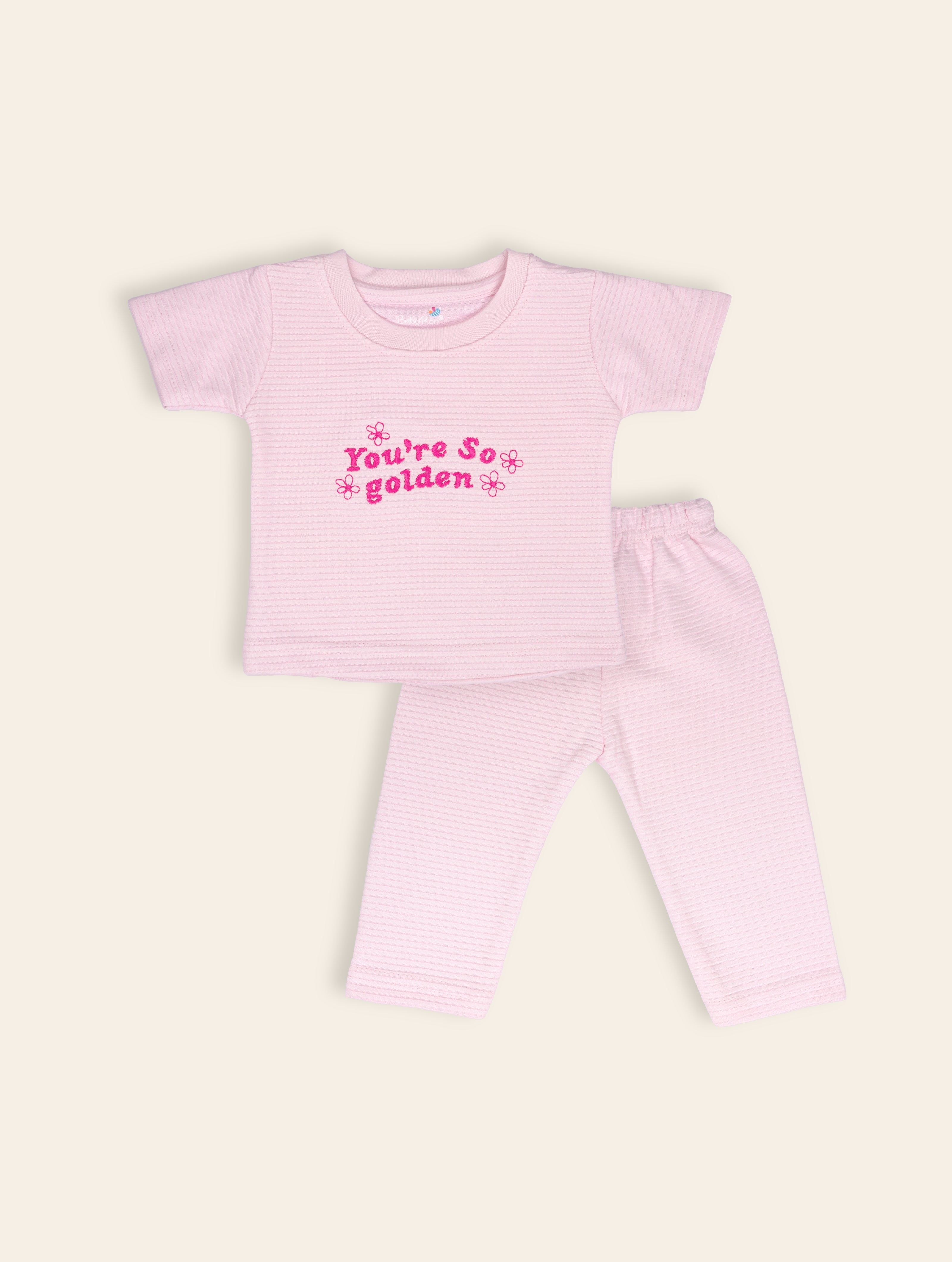 Rosy Pink — BabyRon Golden premium organic cotton baby pyjama set worn by baby girl model, soft breathable baby wear for 0–12 months, gentle on sensitive skin, premium baby clothing India by BabyRon
