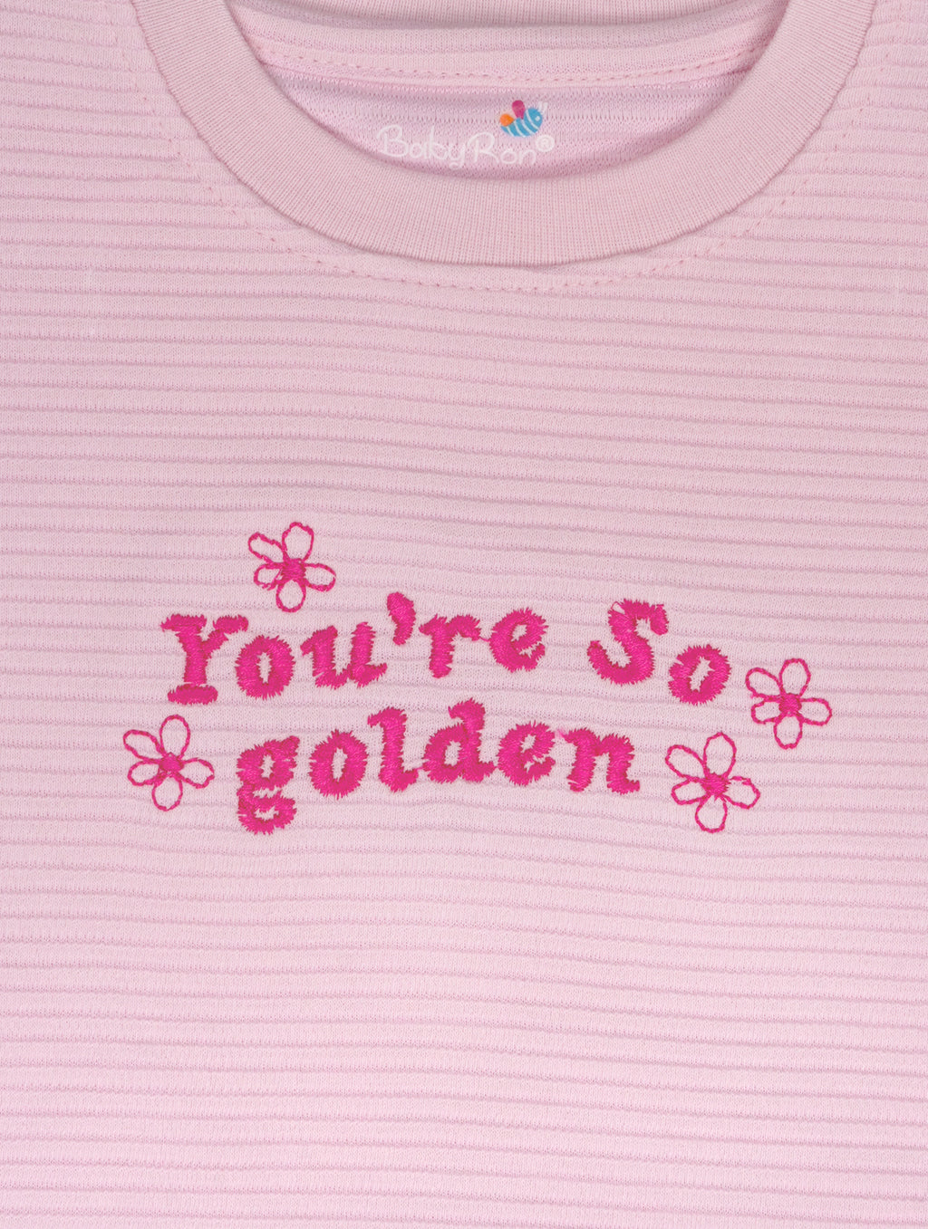 Rosy Pink — BabyRon Golden premium organic cotton baby pyjama set worn by baby girl model, soft breathable baby wear for 0–12 months, gentle on sensitive skin, premium baby clothing India by BabyRon